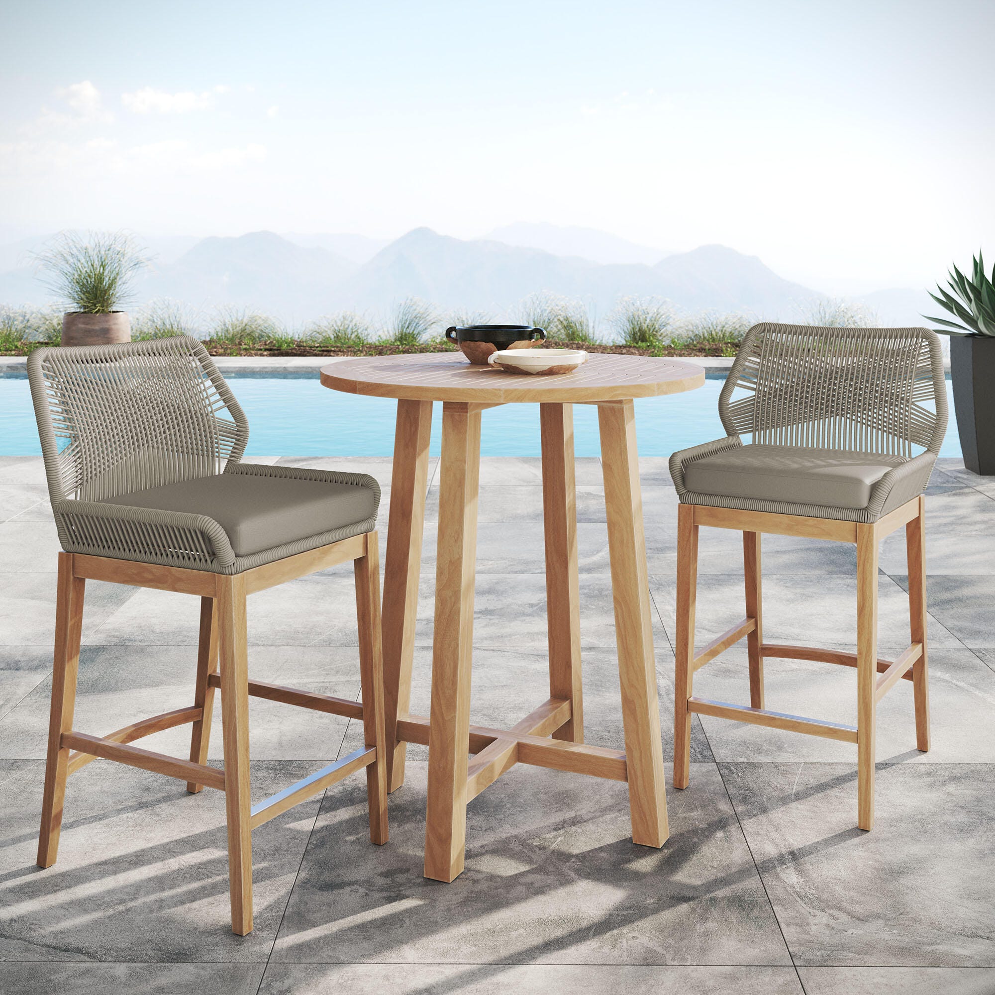 Modway Wellspring Outdoor Bar Table and 2 Bar Stools, Greige, large