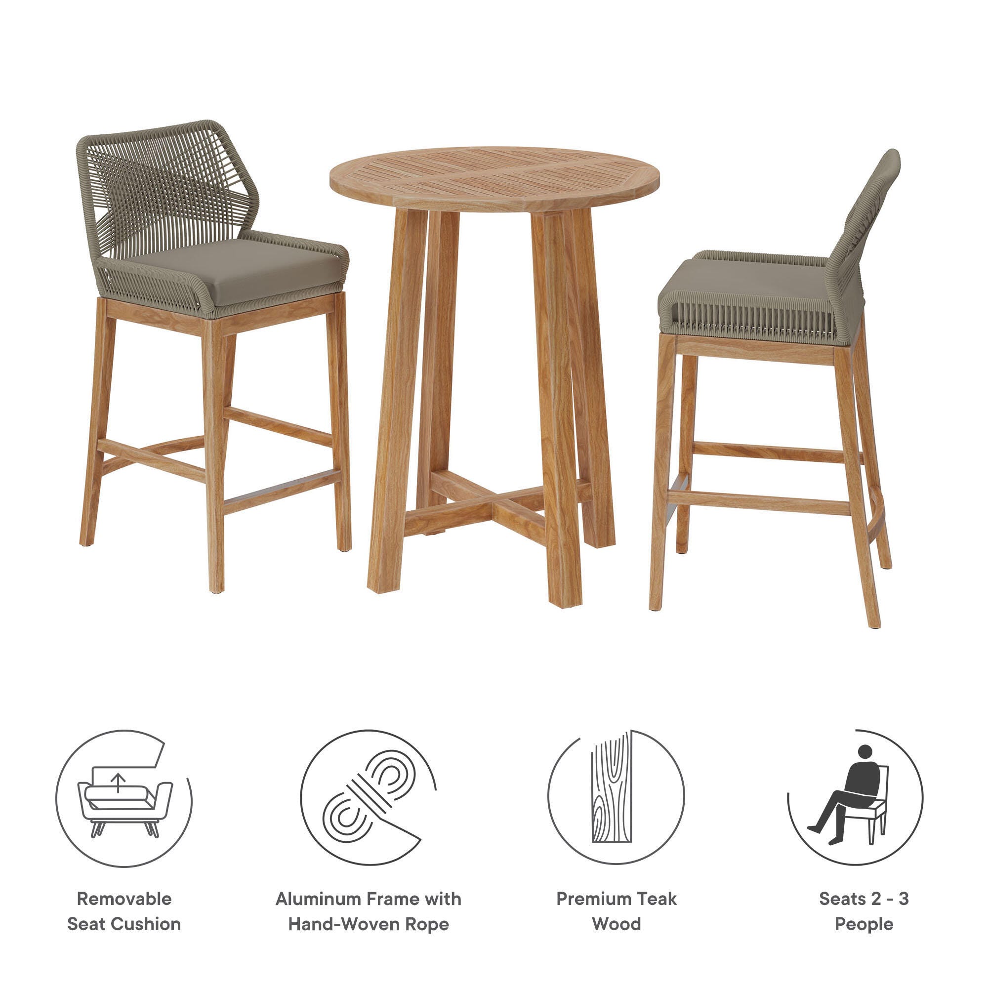 Modway Wellspring Outdoor Bar Table and 2 Bar Stools, Greige, large