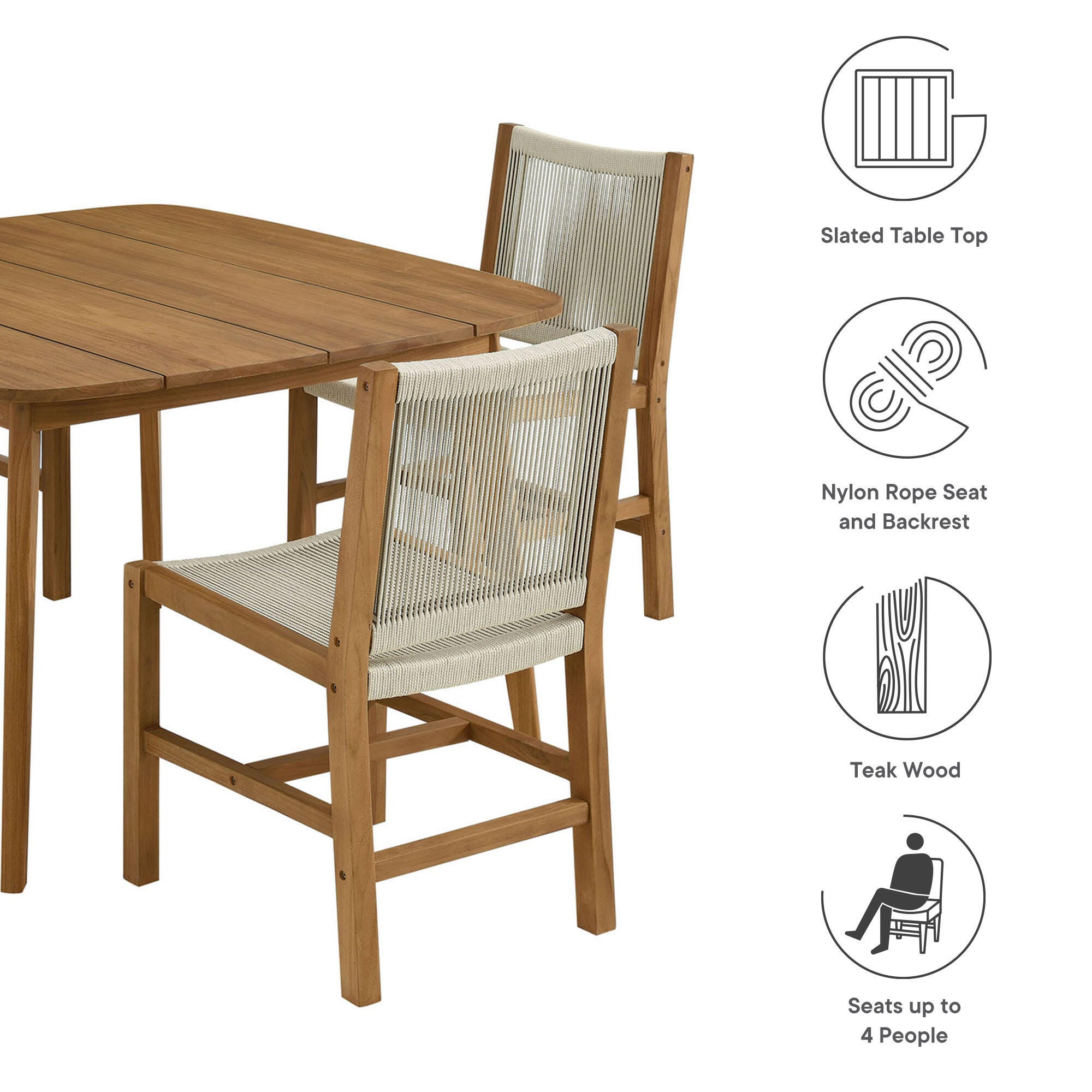 Modway Vienna Outdoor Rope Dining Set With 4 Armless Chairs, Natural, large