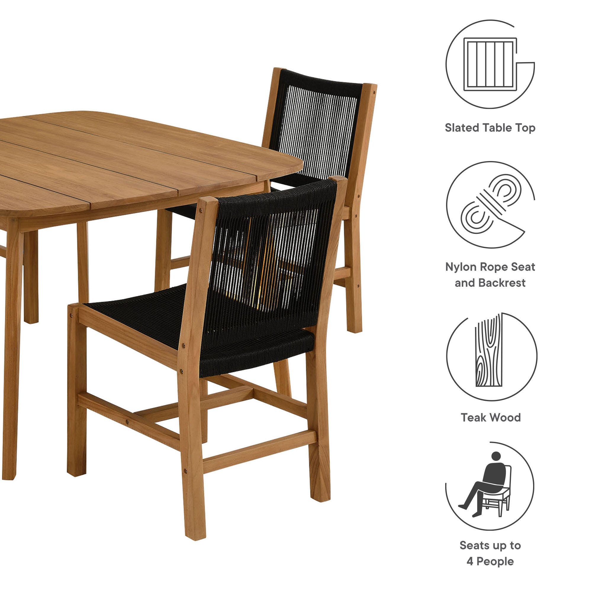 Modway Vienna Outdoor Rope Dining Set With 4 Armless Chairs, Natural/Black, large