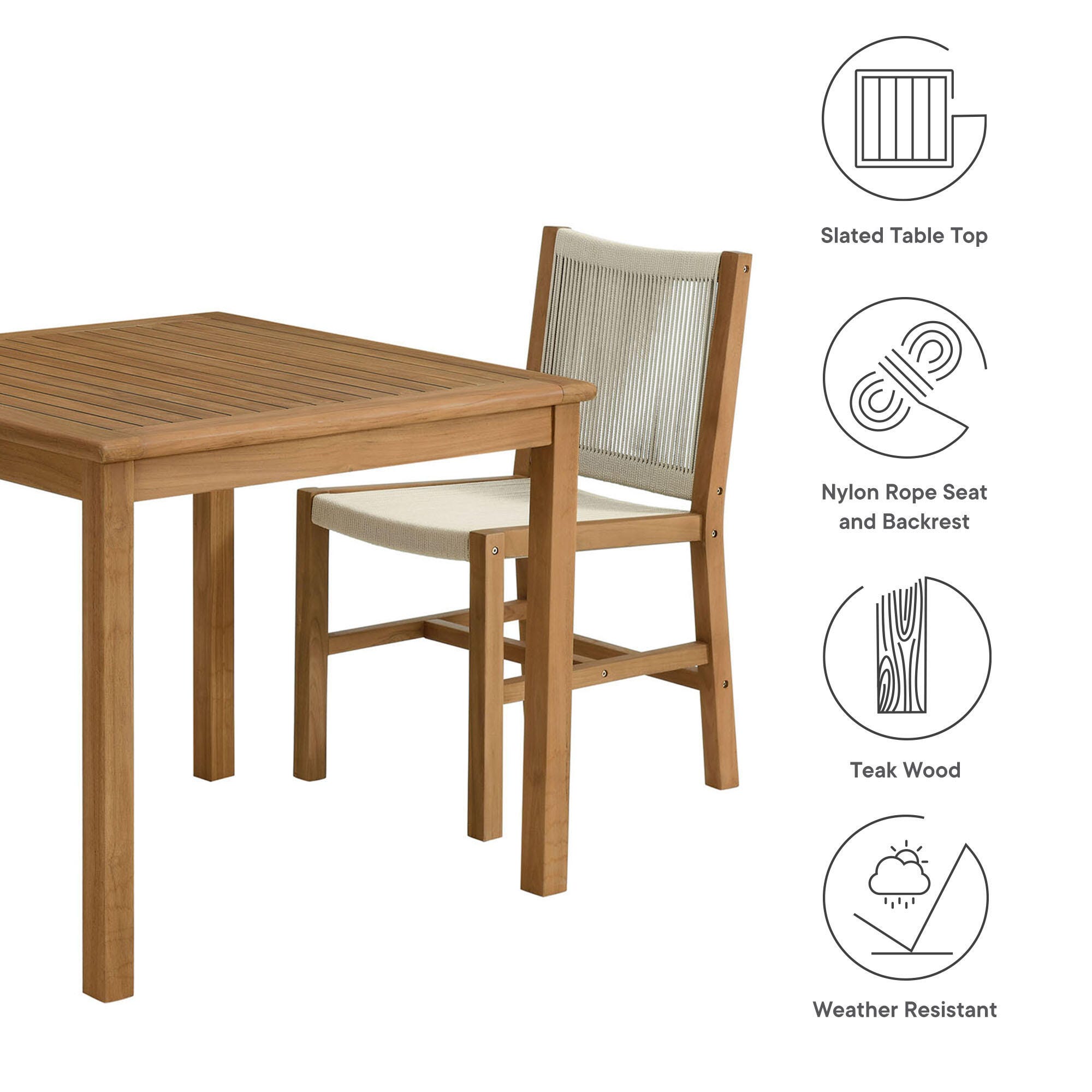 Modway Vienna Outdoor Dining Set With 2 Armless Chiars, Natural, large