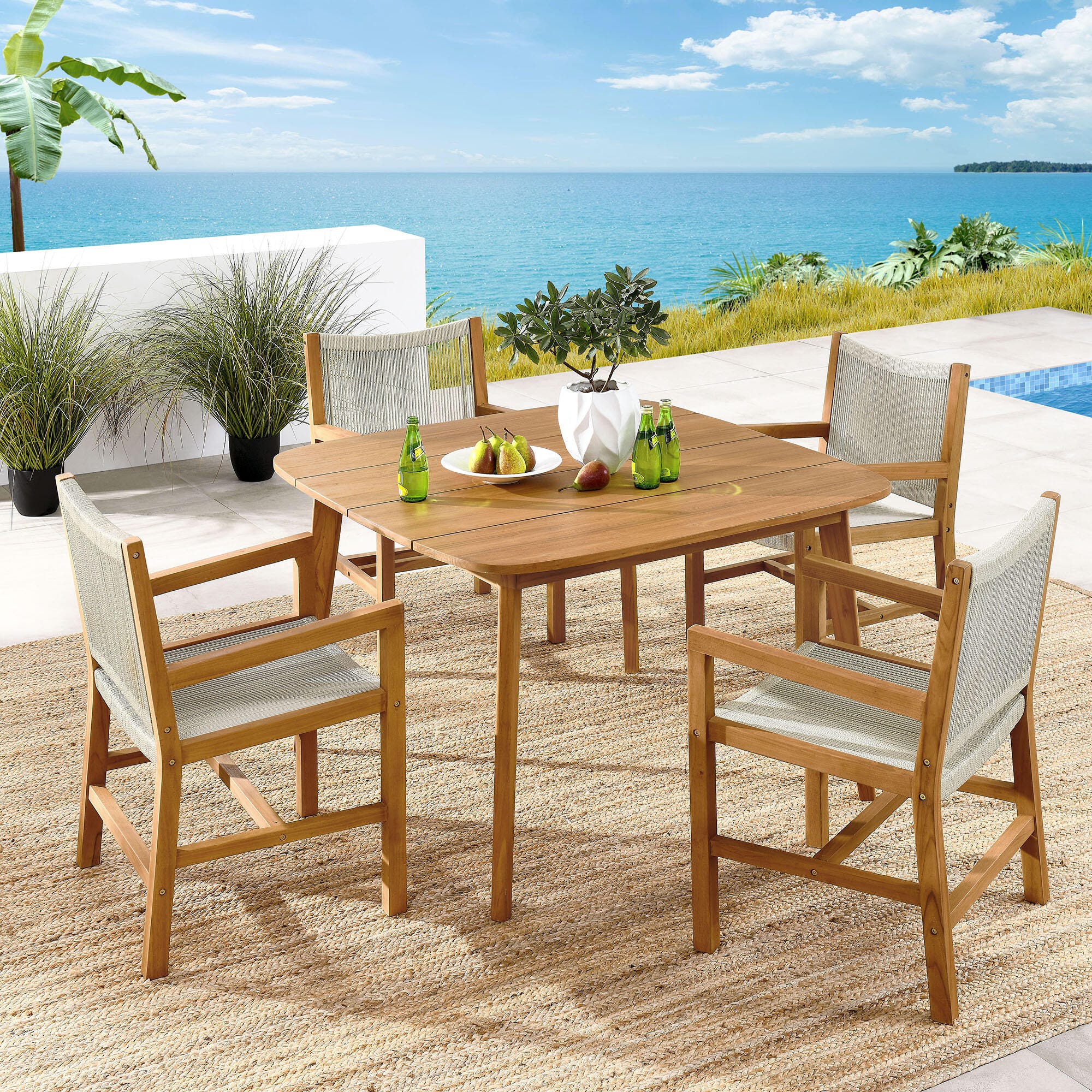 Modway Vienna Outdoor Dining Set With 4 Armchairs, Natural, rollover