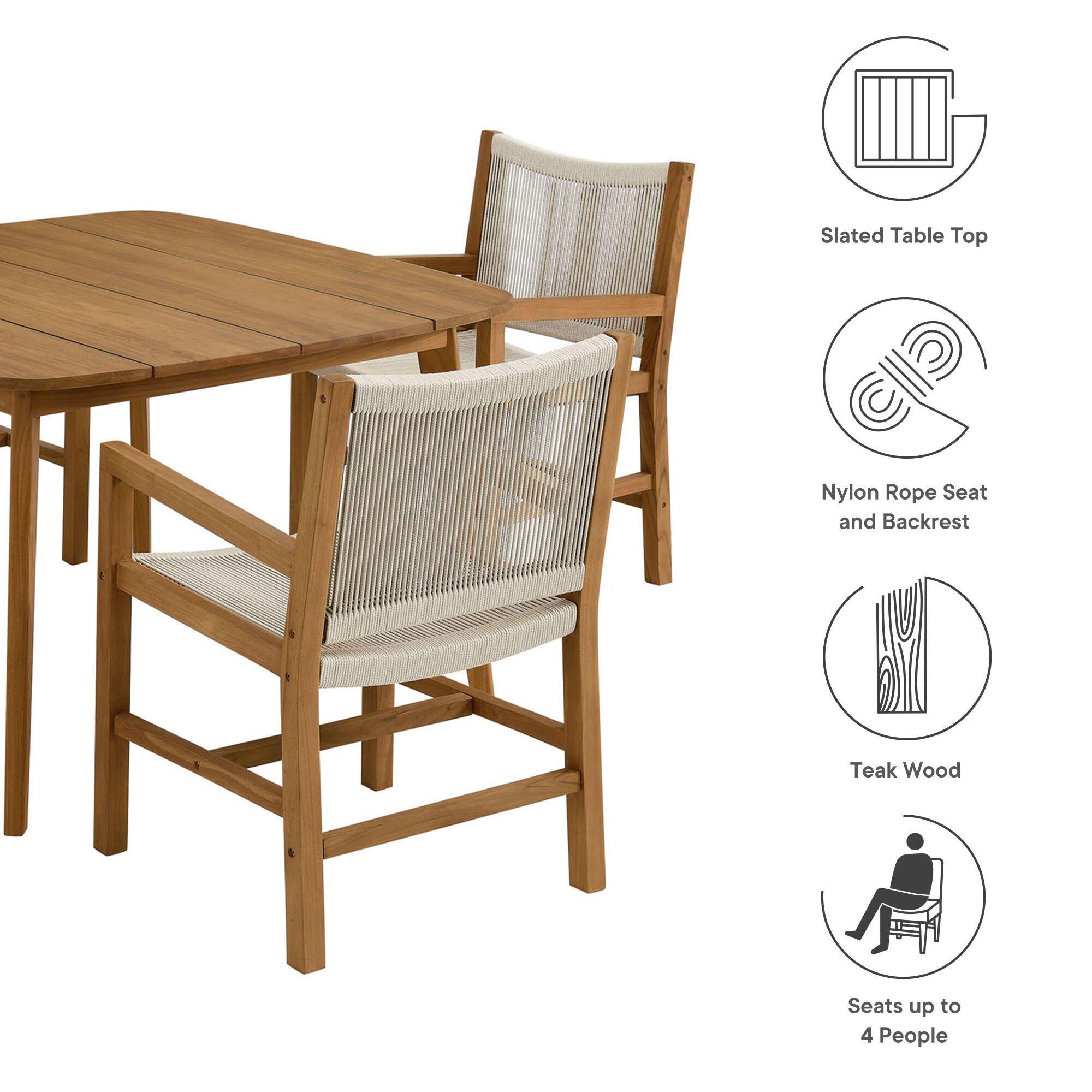 Modway Vienna Outdoor Dining Set With 4 Armchairs, Natural, large