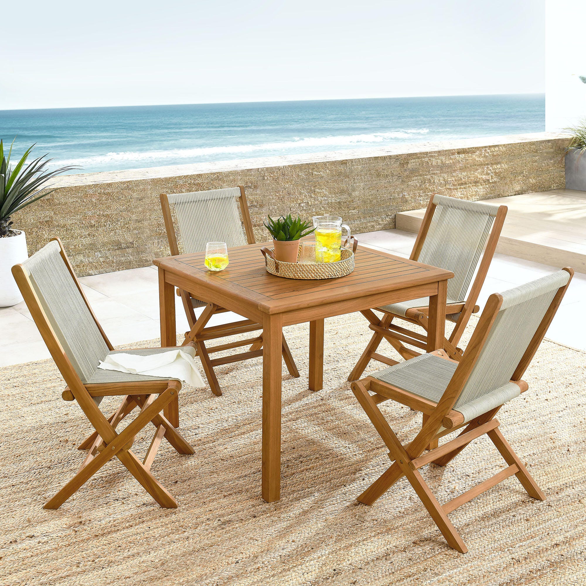 Modway Vienna Outdoor Dining Set With 4 Rope Folding Chairs, Natural, rollover