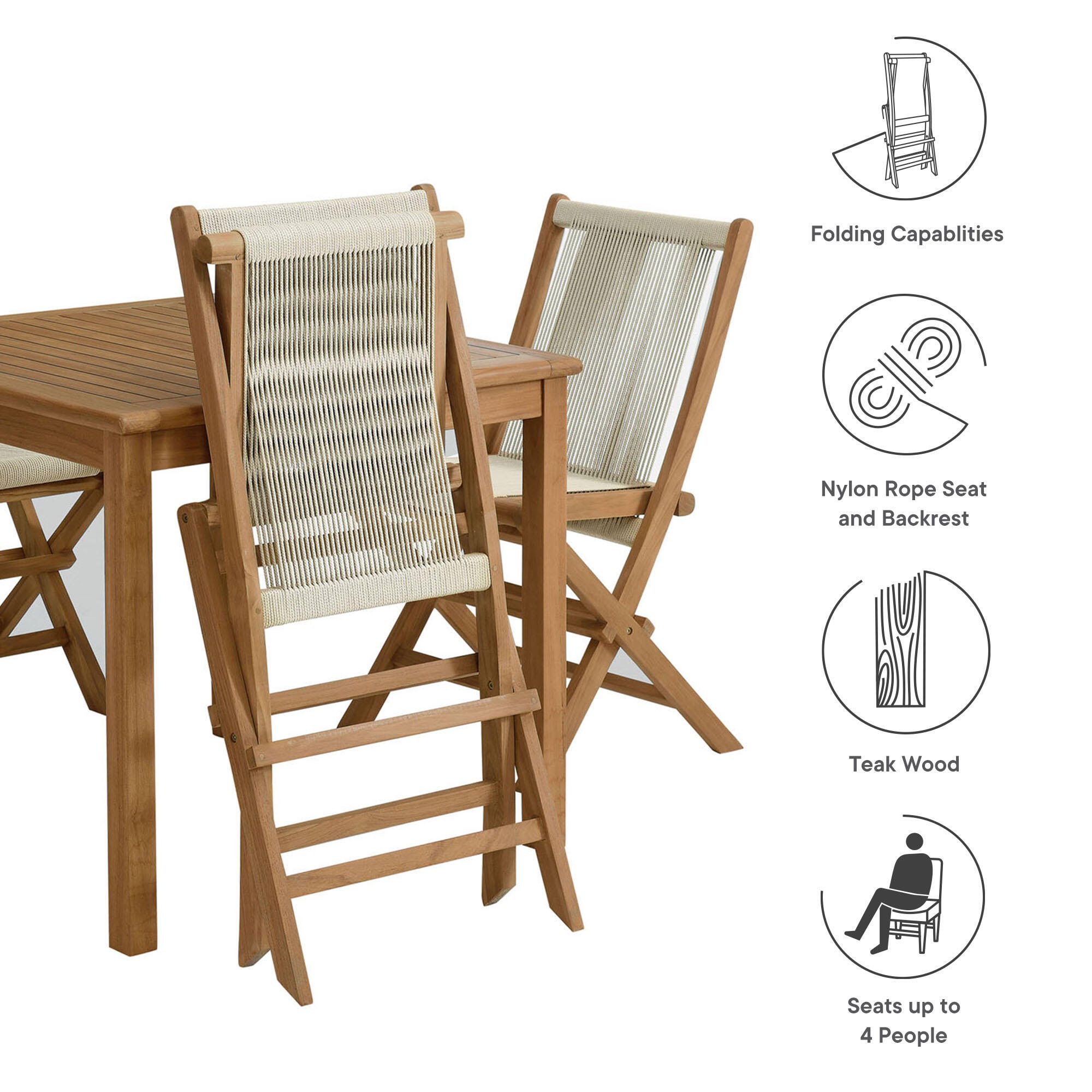 Modway Vienna Outdoor Dining Set With 4 Rope Folding Chairs, Natural, large