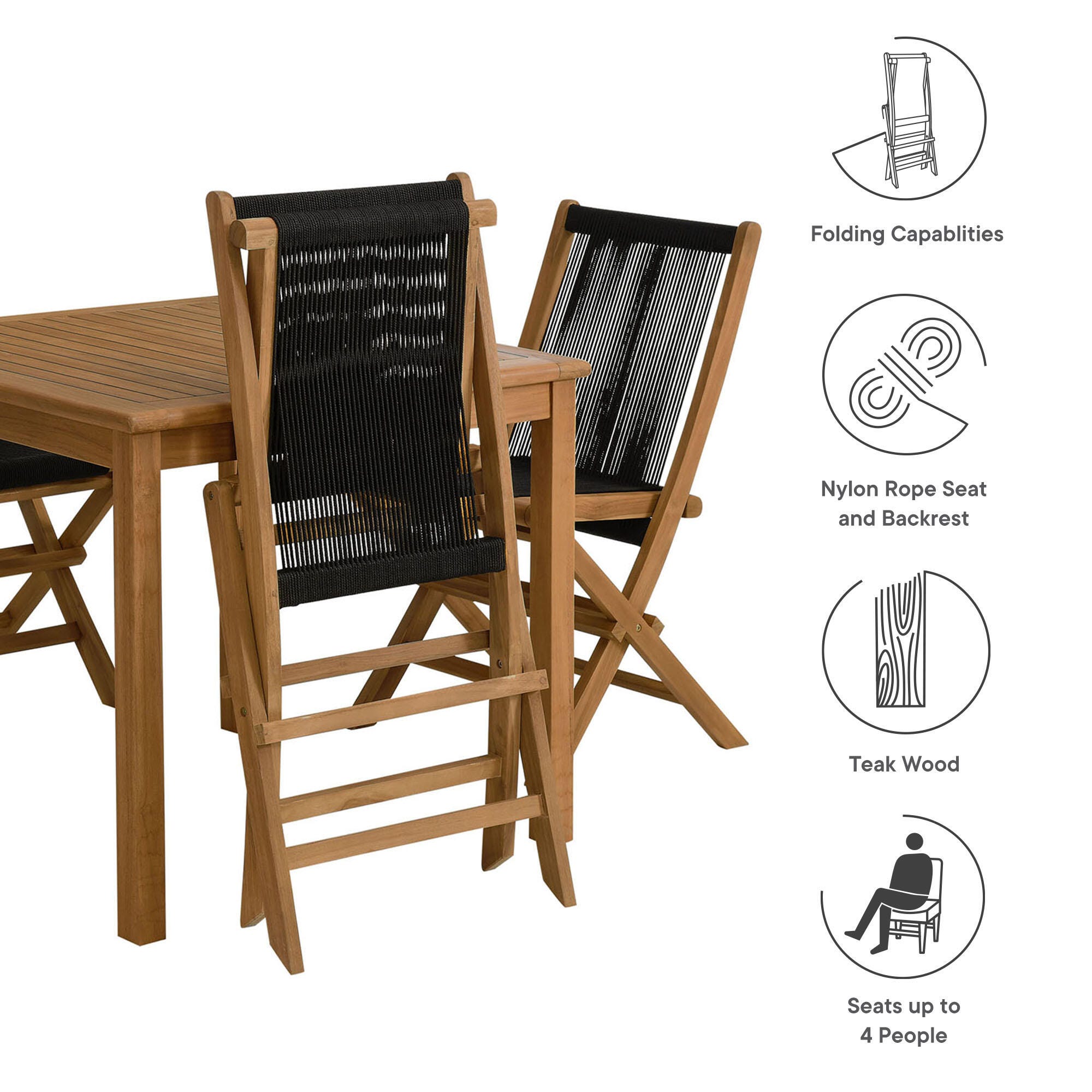 Modway Vienna Outdoor Dining Set With 4 Rope Folding Chairs, Natural/Black, large