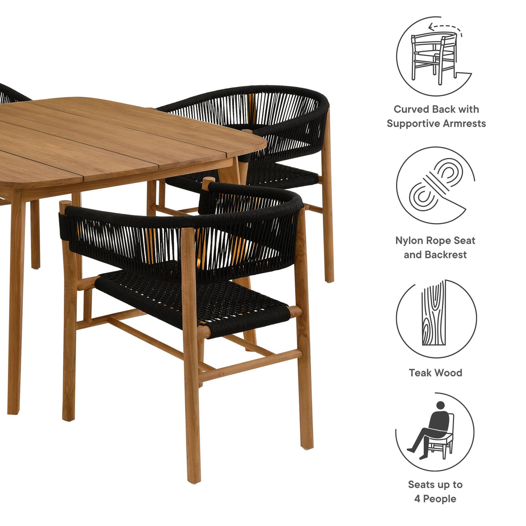 Modway Vienna Outdoor Rope Dining Set With 4 Armchairs, Natural/Black, large