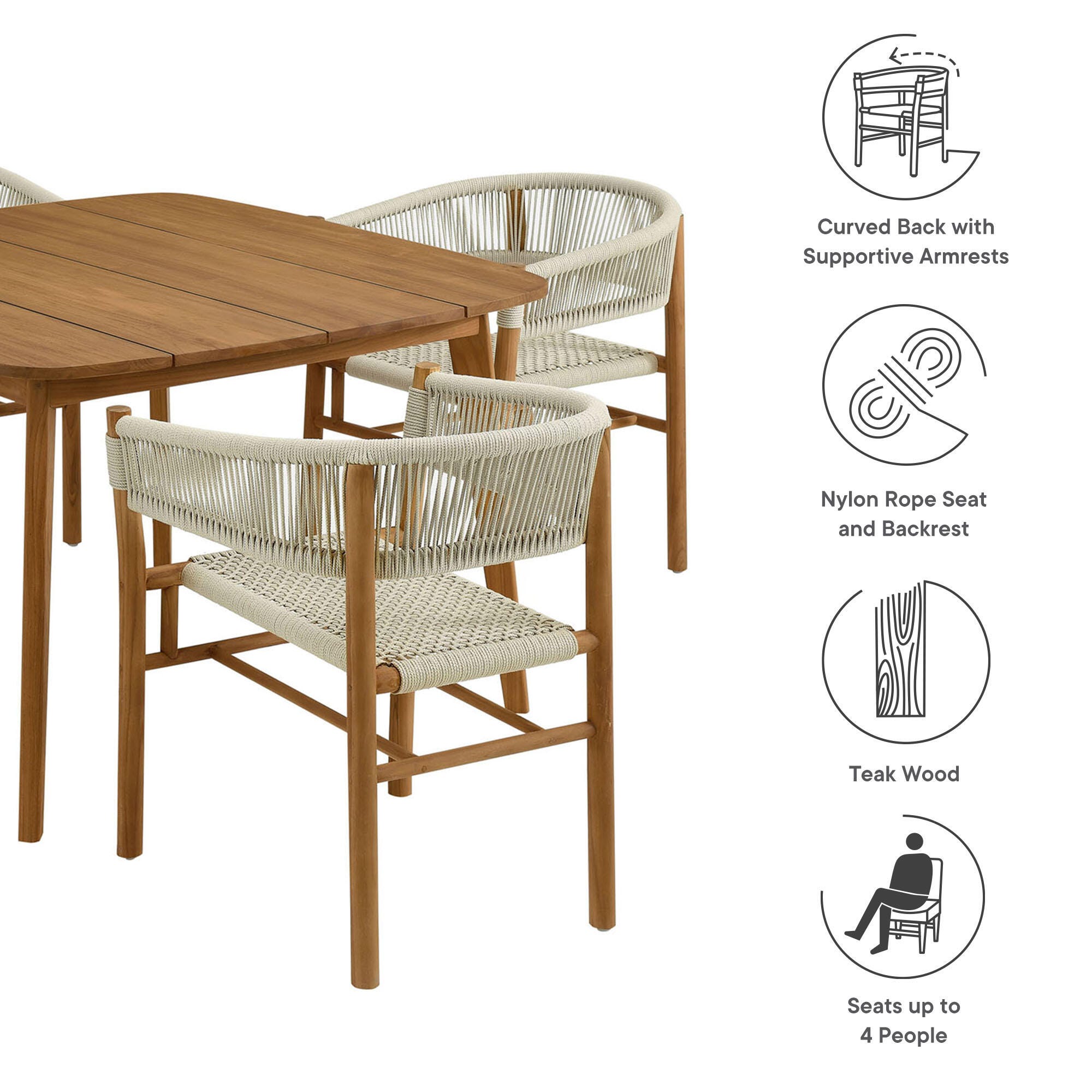 Modway Vienna Outdoor Rope Dining Set With 4 Armchairs, Natural, large