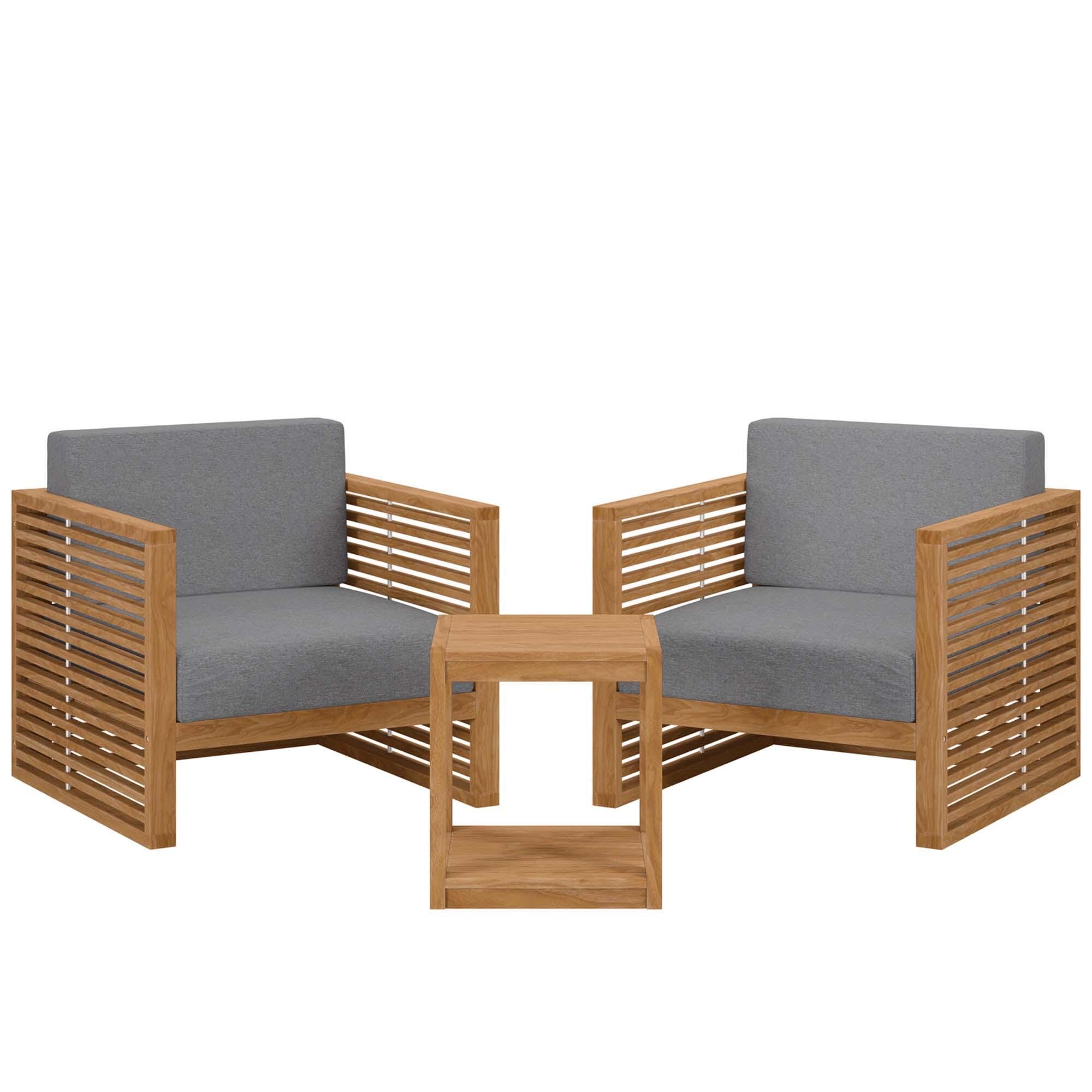 Modway Carlsbad Outdoor Side Table and 2 Armchairs, Natural Gray, large