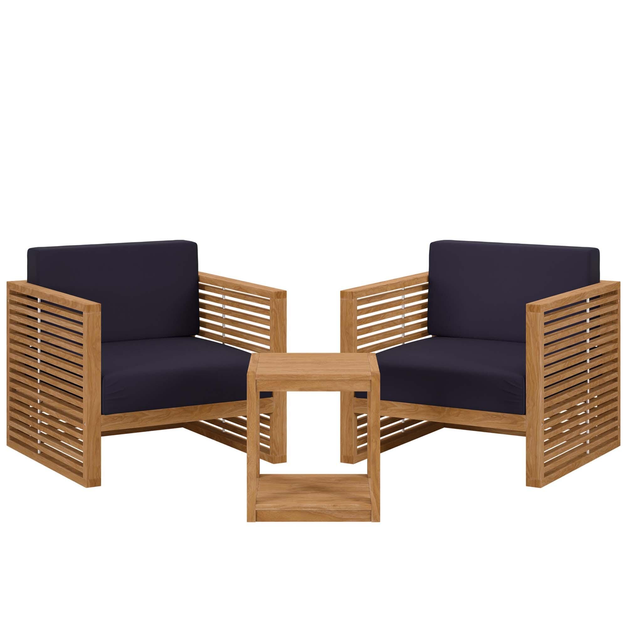 Modway Carlsbad Outdoor Side Table and 2 Armchairs, Natural Navy, large