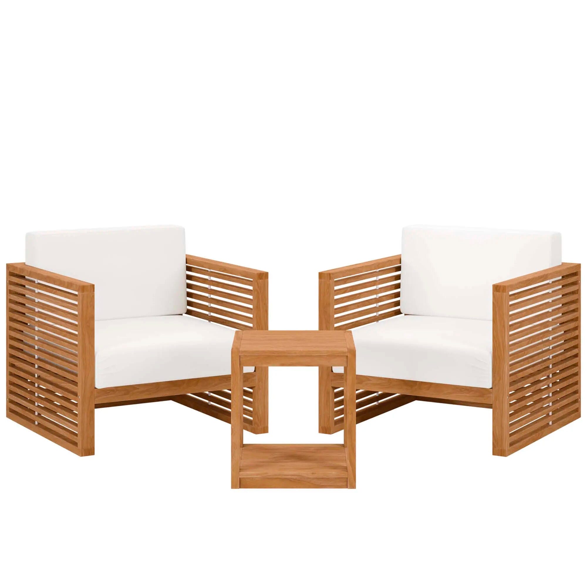 Modway Carlsbad Outdoor Side Table and 2 Armchairs, Natural White, large