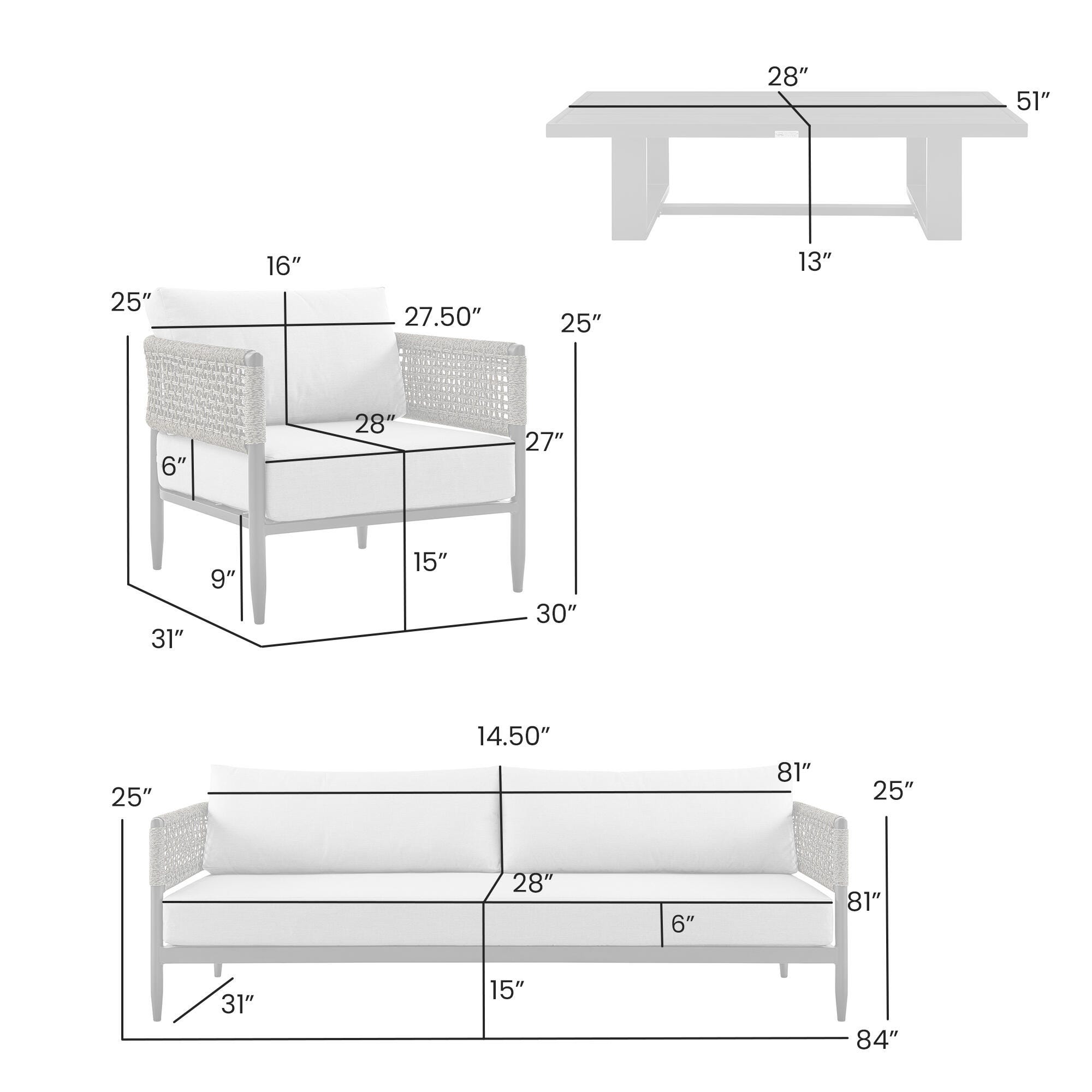 Armen Living Alegria Outdoor Sofa and 2 Chairs with Coffee Table, , large