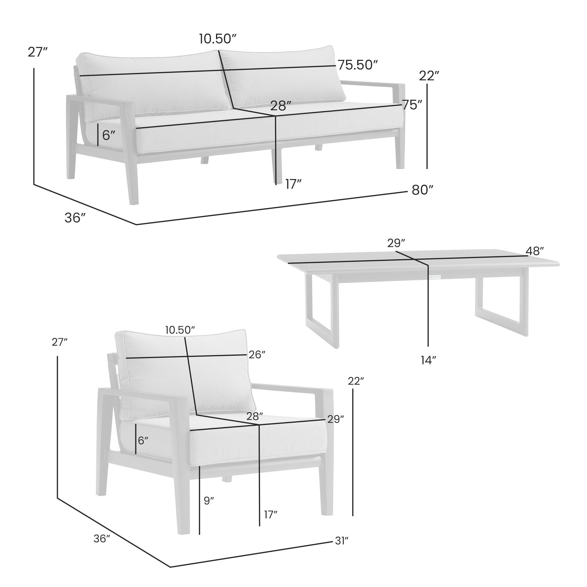 Cayman Outdoor Sofa and 2 Chairs with Coffee Table, , large