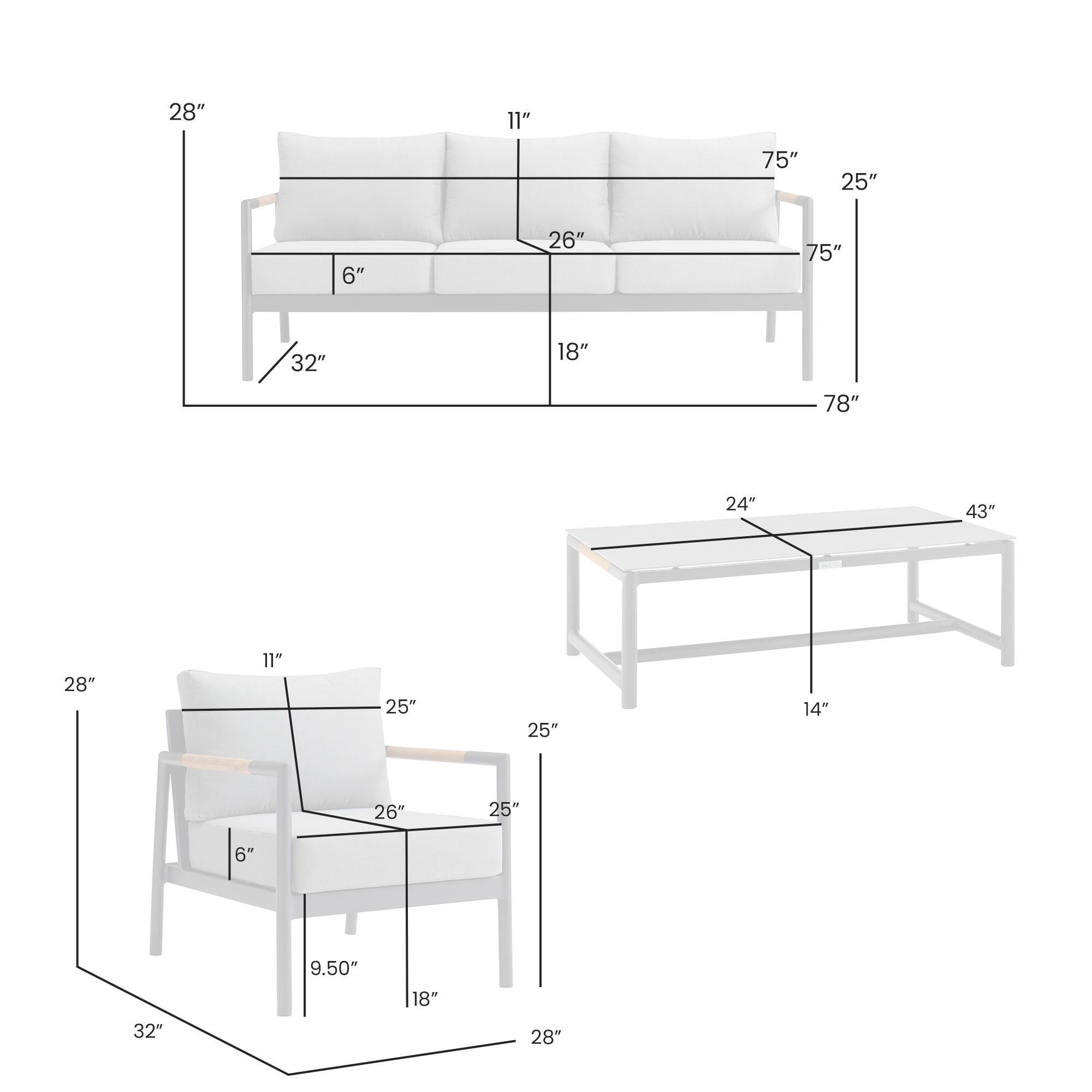 Crown Outdoor Sofa and 2 Chairs with Coffee Table, , large