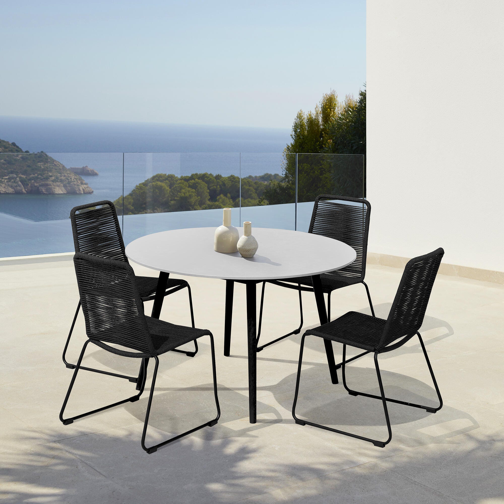 Armen Living Shasta Outdoor Dining Table and 4 Chairs, Black, rollover