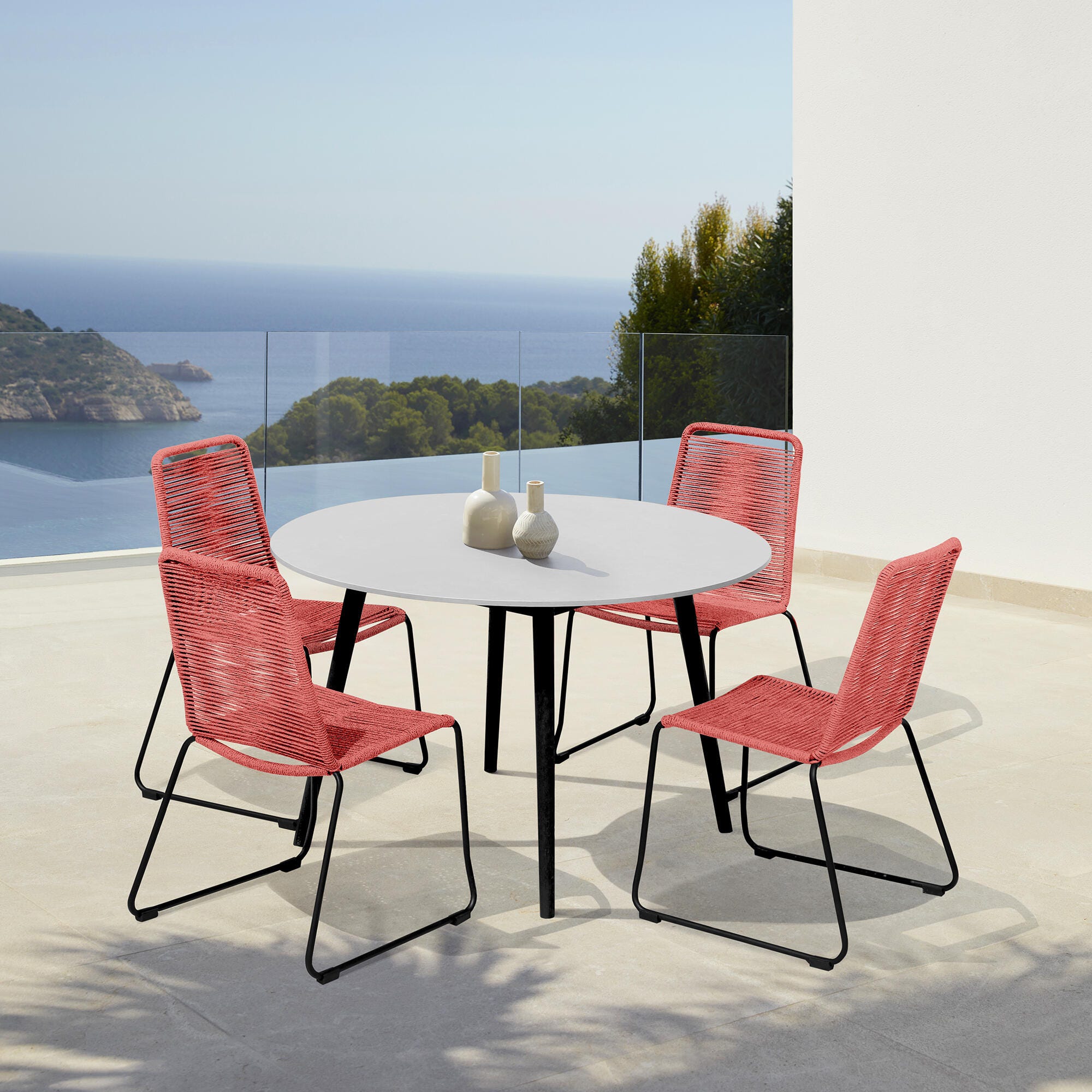 Armen Living Shasta Outdoor Dining Table and 4 Chairs, Brick Red, rollover