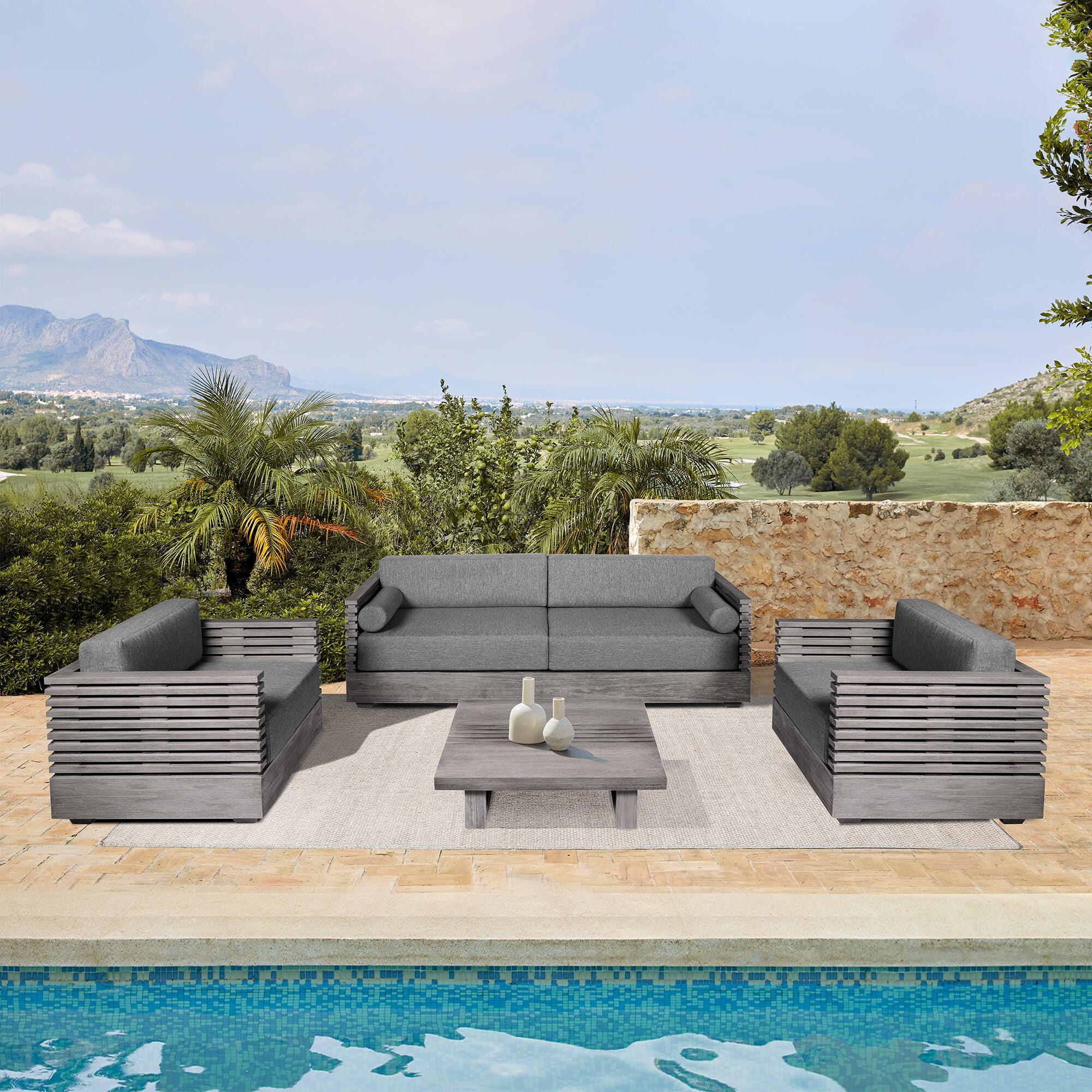 Armen Living Vivid Outdoor Sofa and 2 Chairs with Coffee Table, Gray, rollover