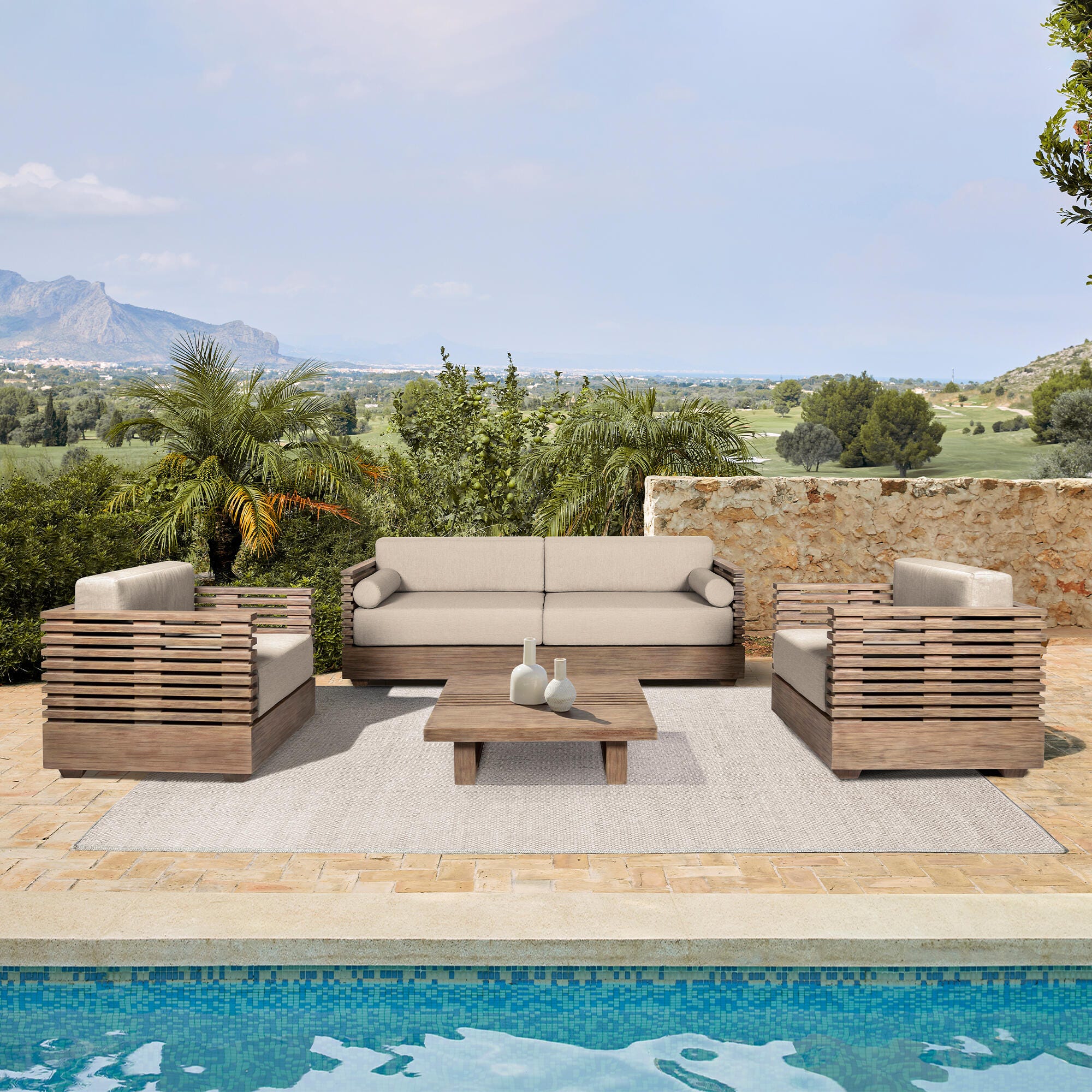 Armen Living Vivid Outdoor Sofa and 2 Chairs with Coffee Table, Taupe, rollover