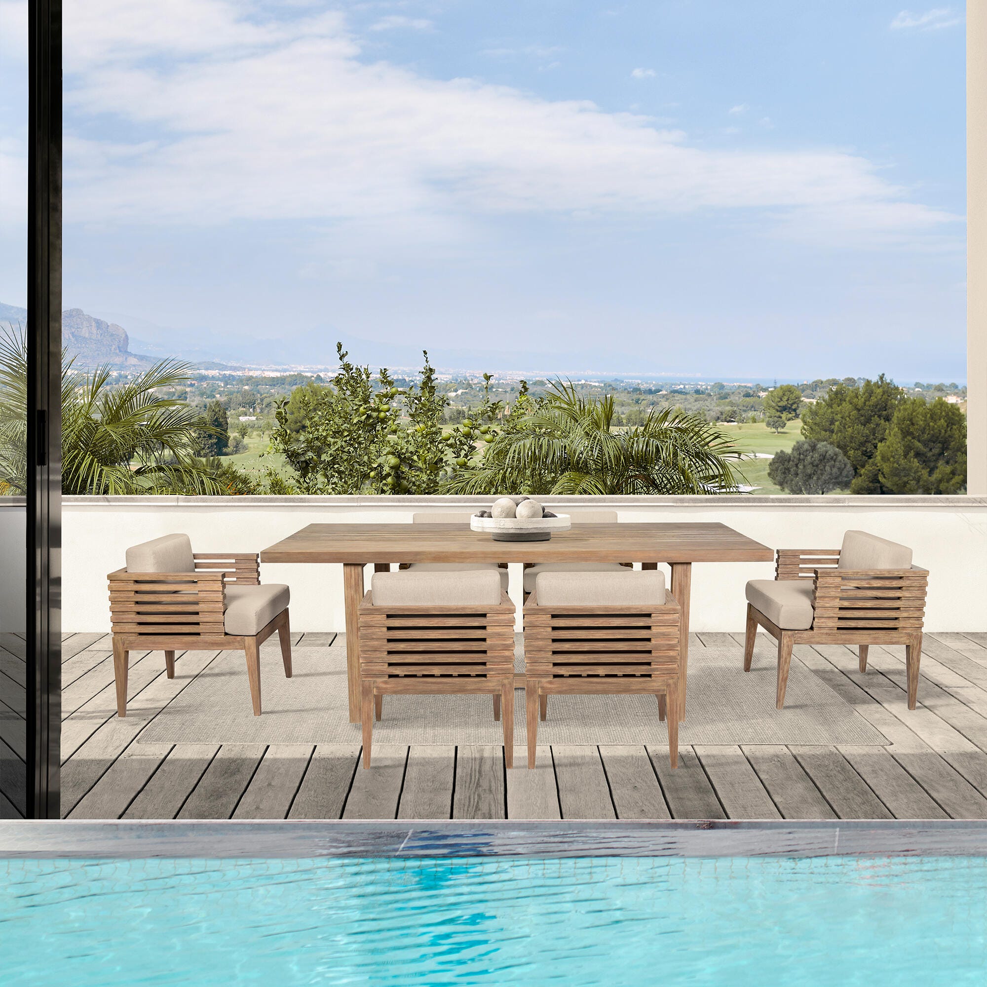 Armen Living Vivid Outdoor Dining Table and 6 Chairs, Taupe, rollover