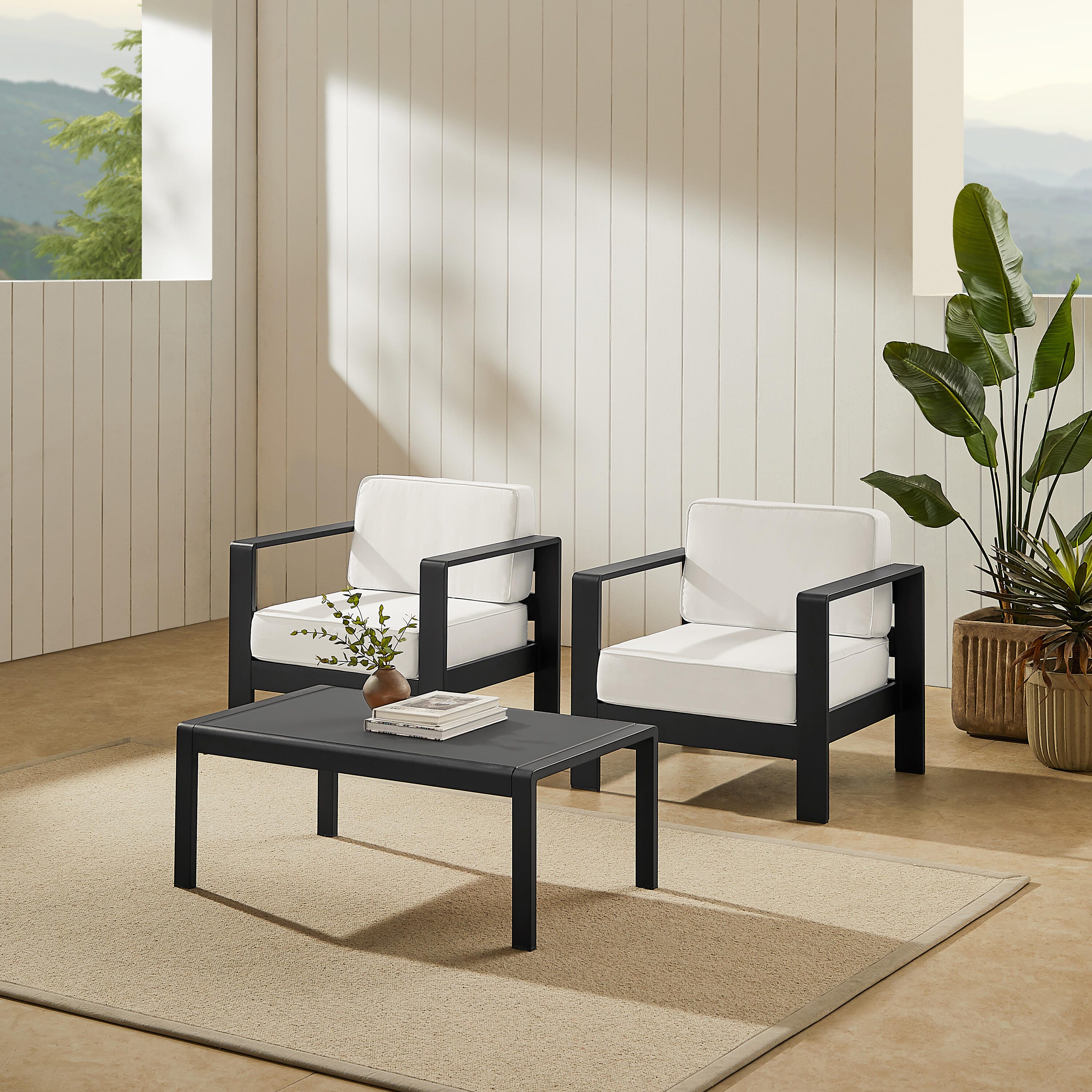 Linon Rosemary Outdoor Lounge Chair and Coffee Table, Black, rollover