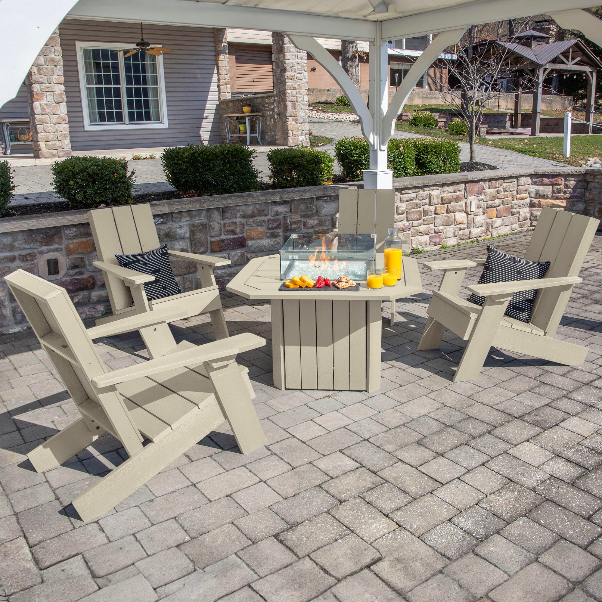 Highwood Italica Outdoor Conversation Set with Fire Pit Table, Whitewash, large