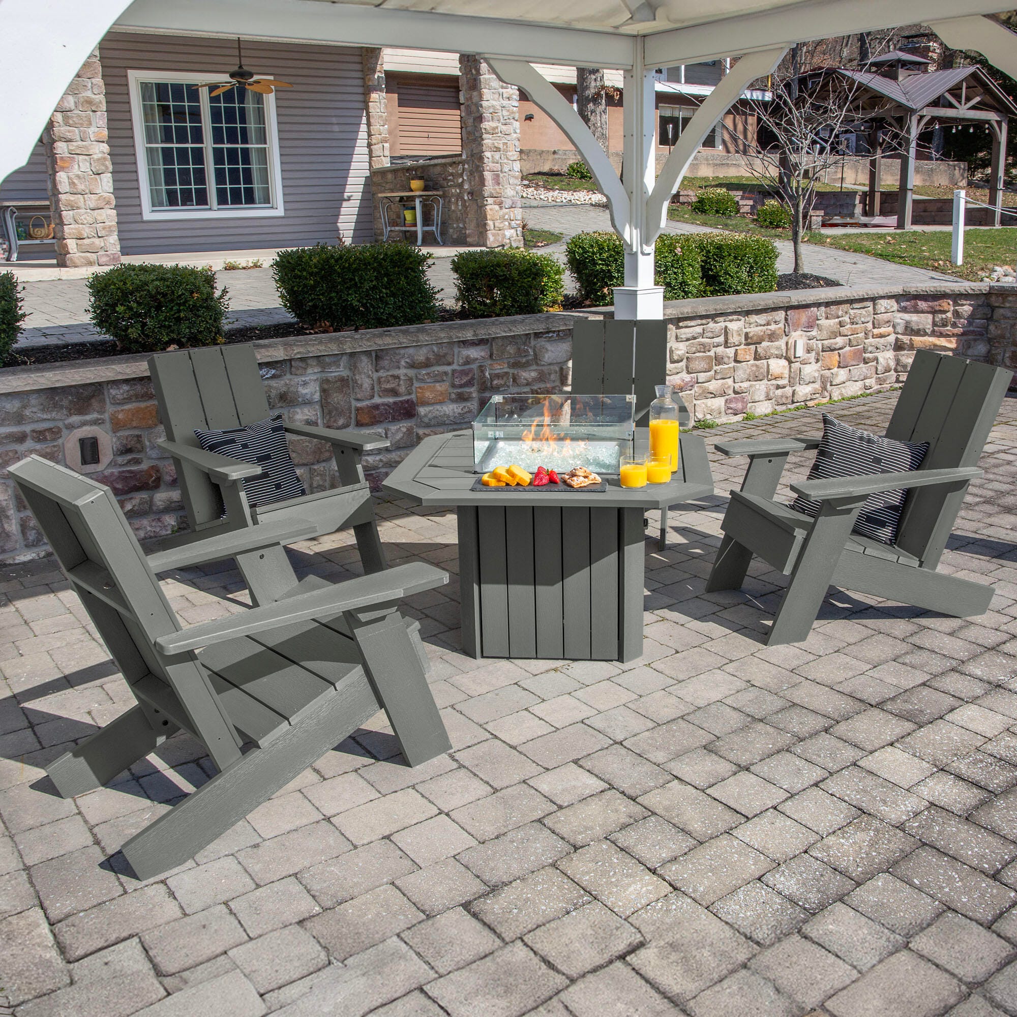 Highwood Italica Outdoor Conversation Set with Fire Pit Table, Coastal Teak, large