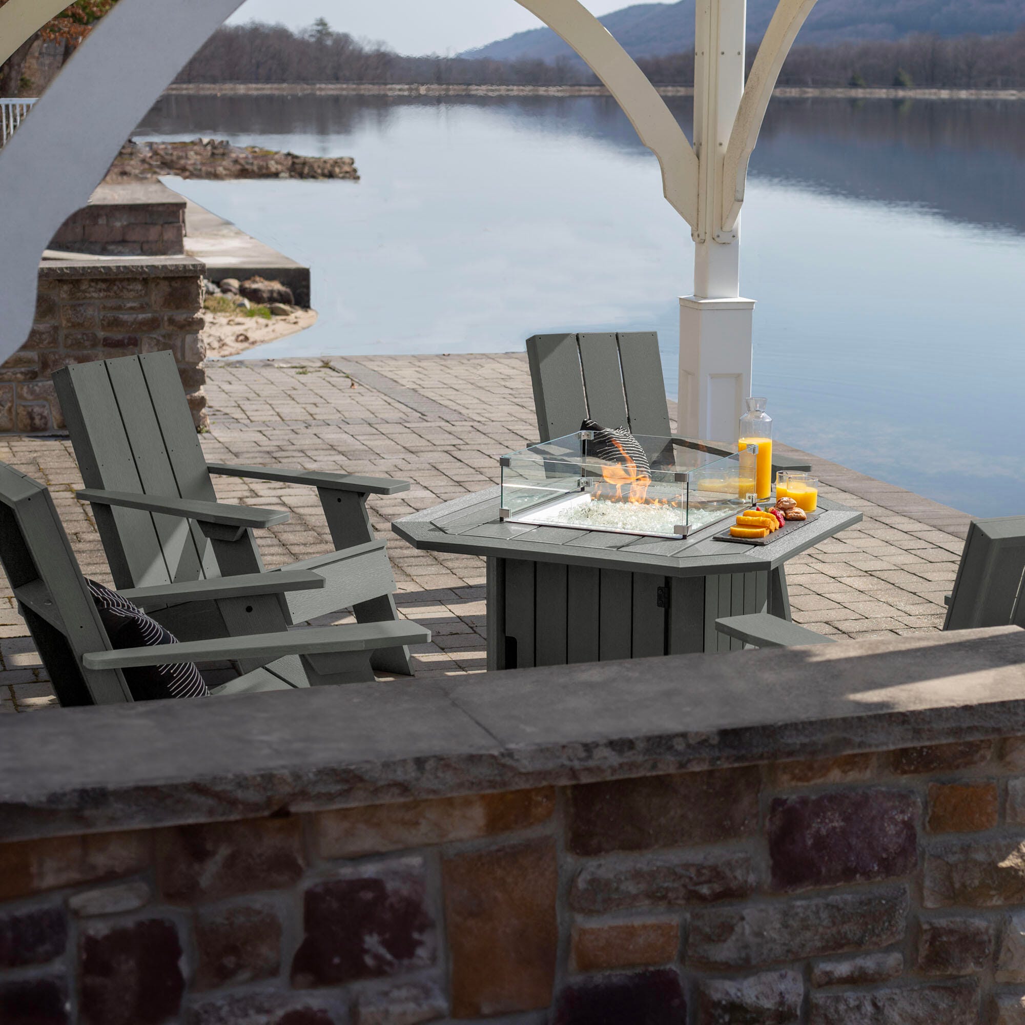 Highwood Italica Outdoor Conversation Set with Fire Pit Table, Coastal Teak, large