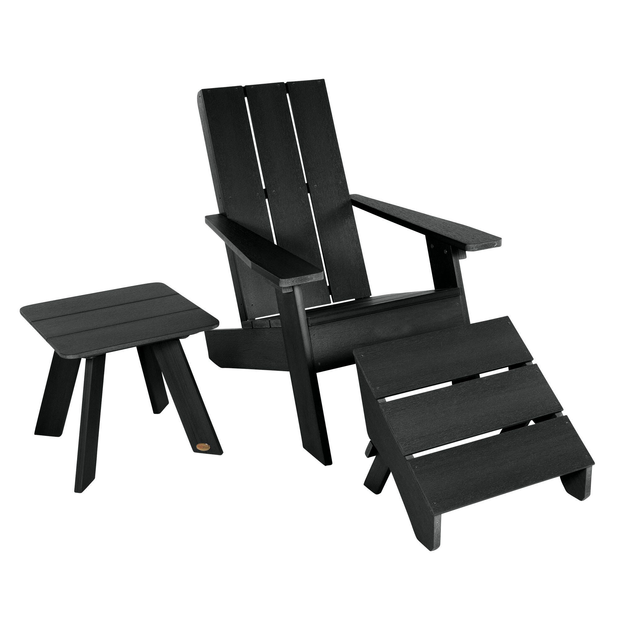 Highwood Italica Outdoor Adirondack Chair with Ottoman and Side Table, Black, large
