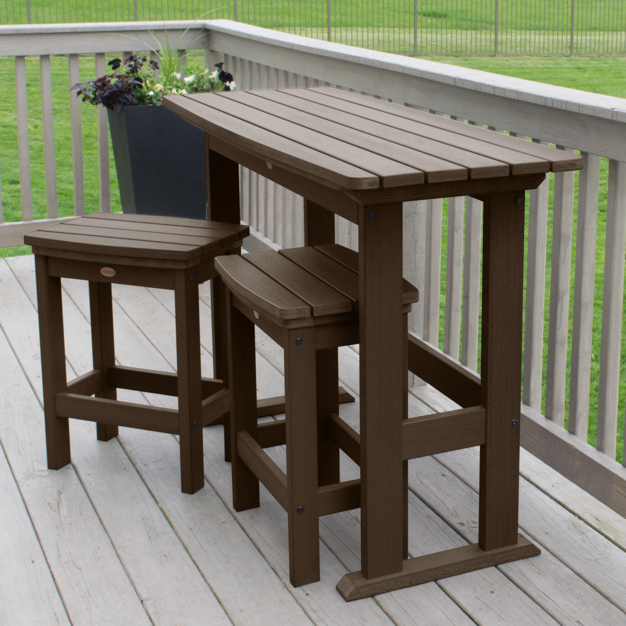 Highwood Lehigh Outdoor Dining Table and 2 Chairs, Weathered Acorn, large