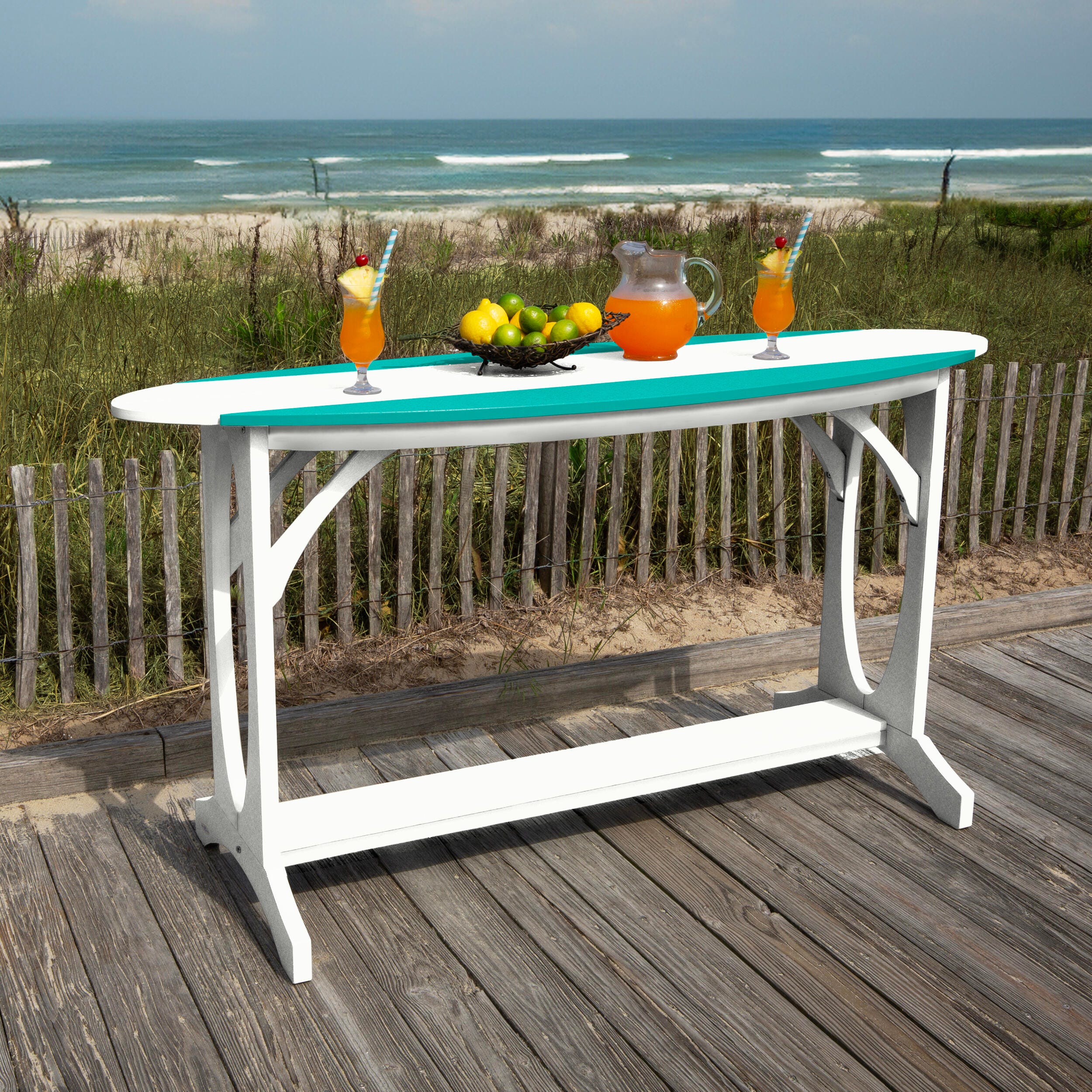 Bahia Verde Shoreline Outdoor Bar Table and 2 Bar Stools, White/Seaglass Blue, large