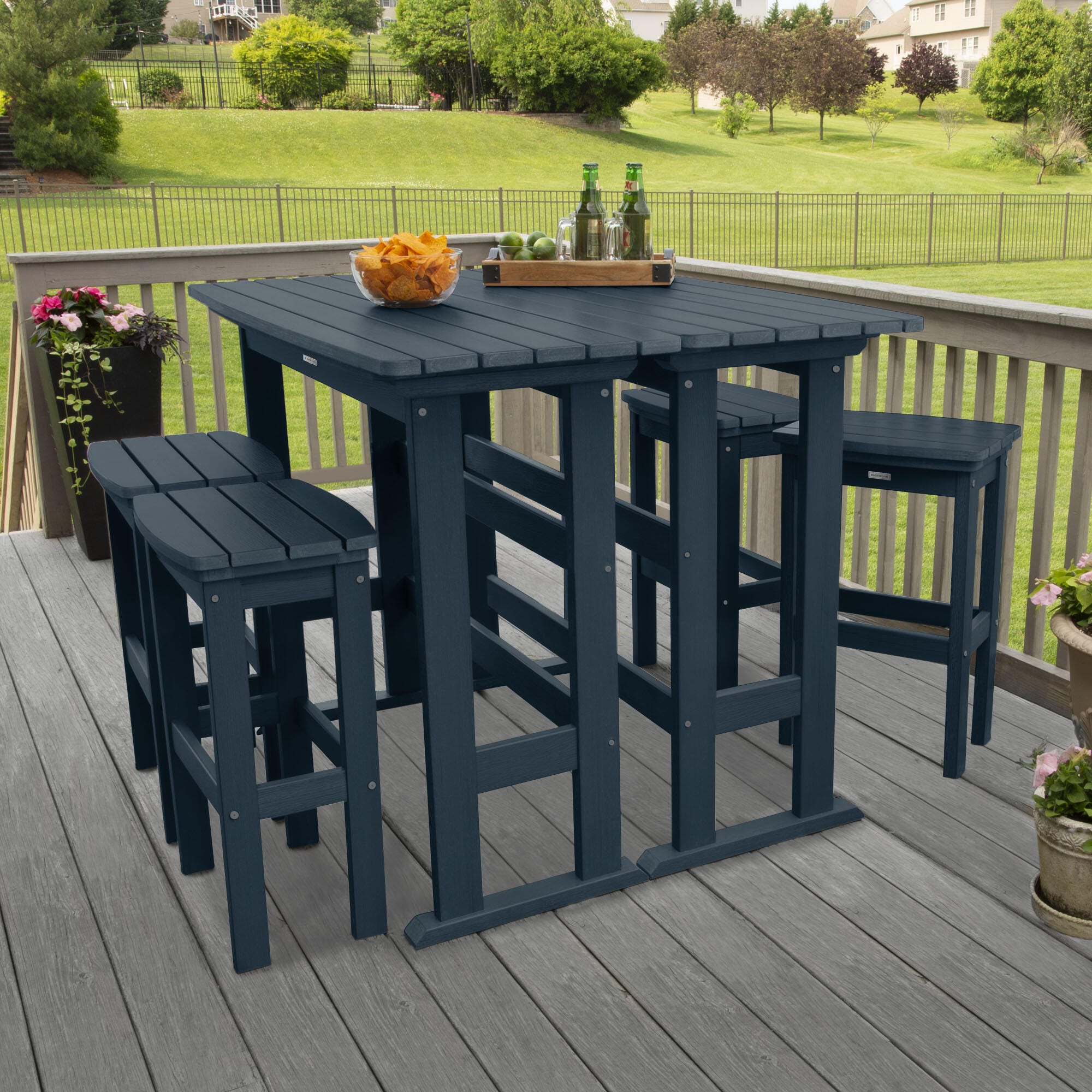 Highwood Lehigh Outdoor Bar Table and 4 Bar Stools, Federal Blue, large