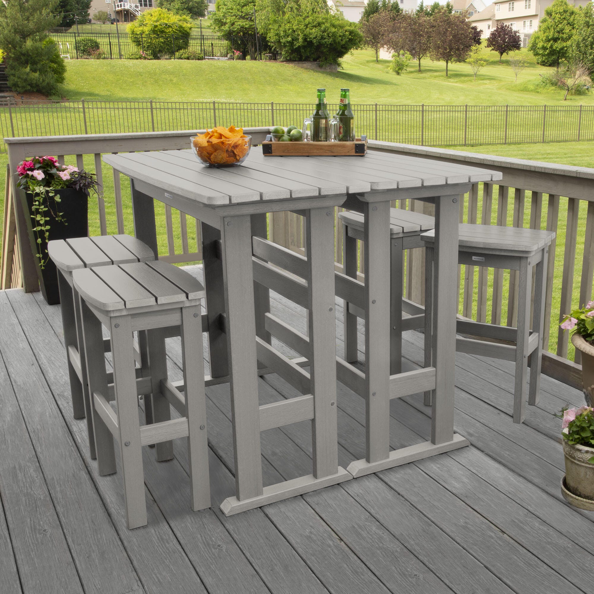 Highwood Lehigh Outdoor Bar Table and 4 Bar Stools, Harbor Gray, large