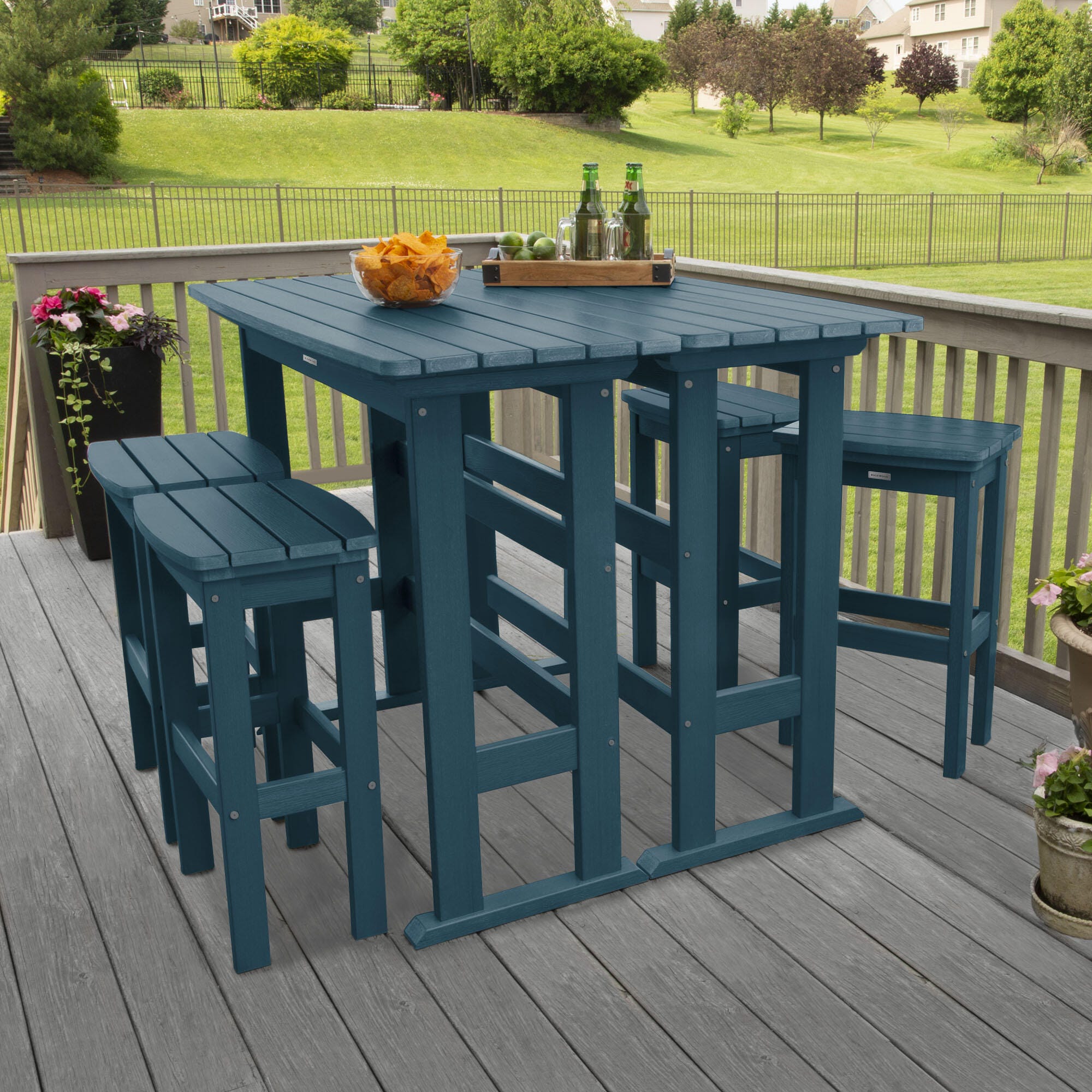 Highwood Lehigh Outdoor Bar Table and 4 Bar Stools, Nantucket Blue, large