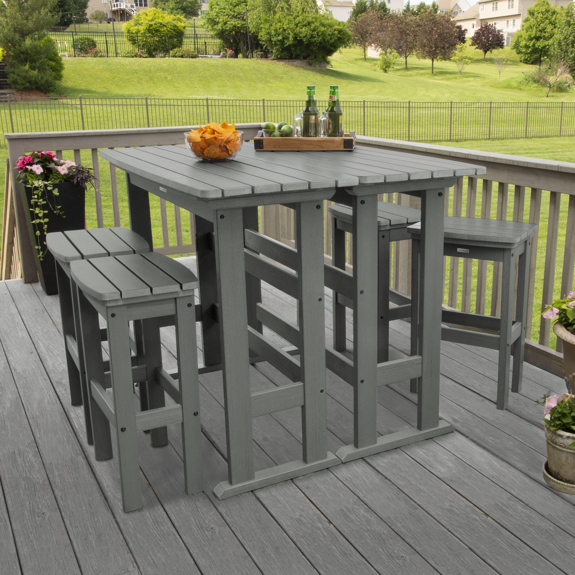Highwood Lehigh Outdoor Bar Table and 4 Bar Stools, Coastal Teak, large