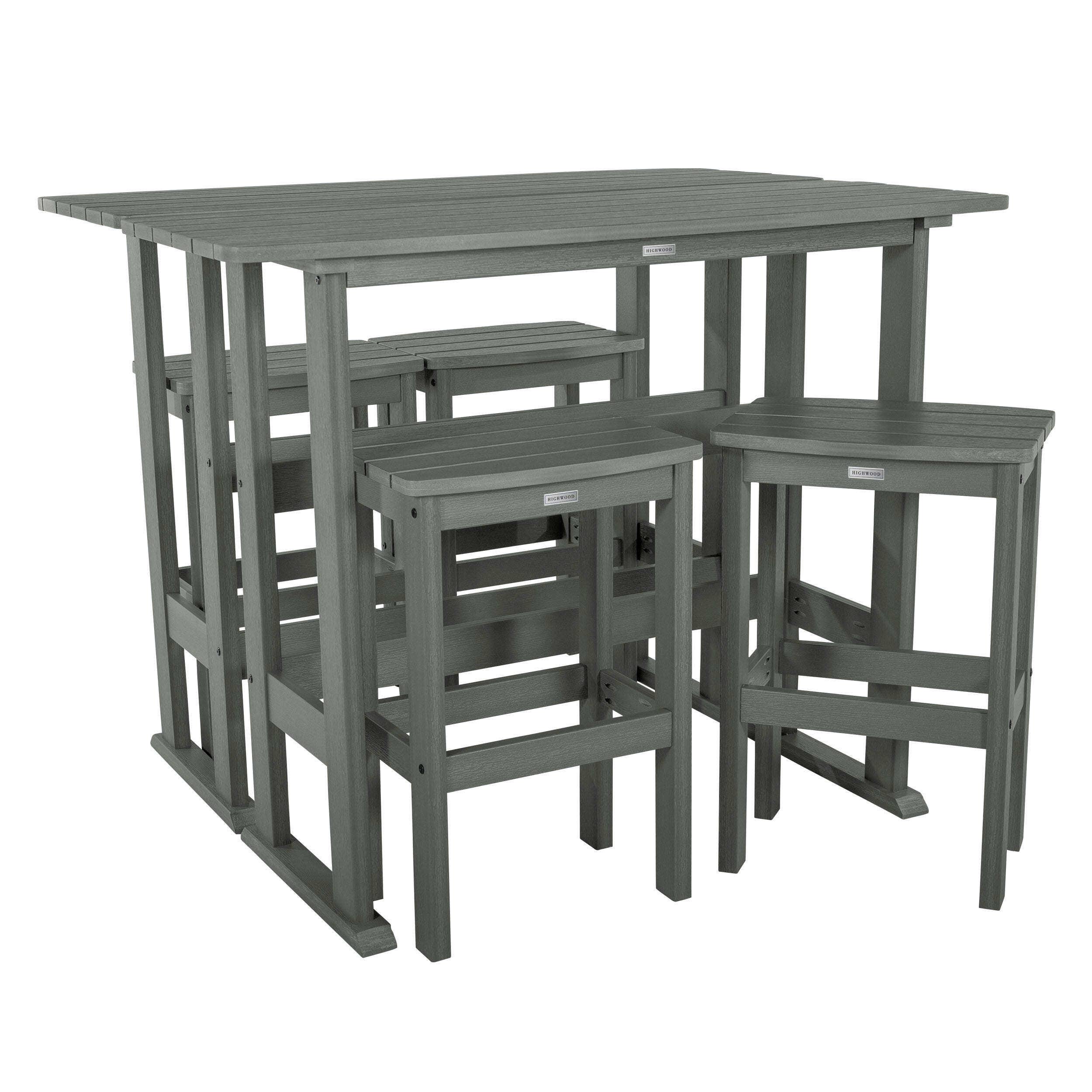 Highwood Lehigh Outdoor Bar Table and 4 Bar Stools, Coastal Teak, large