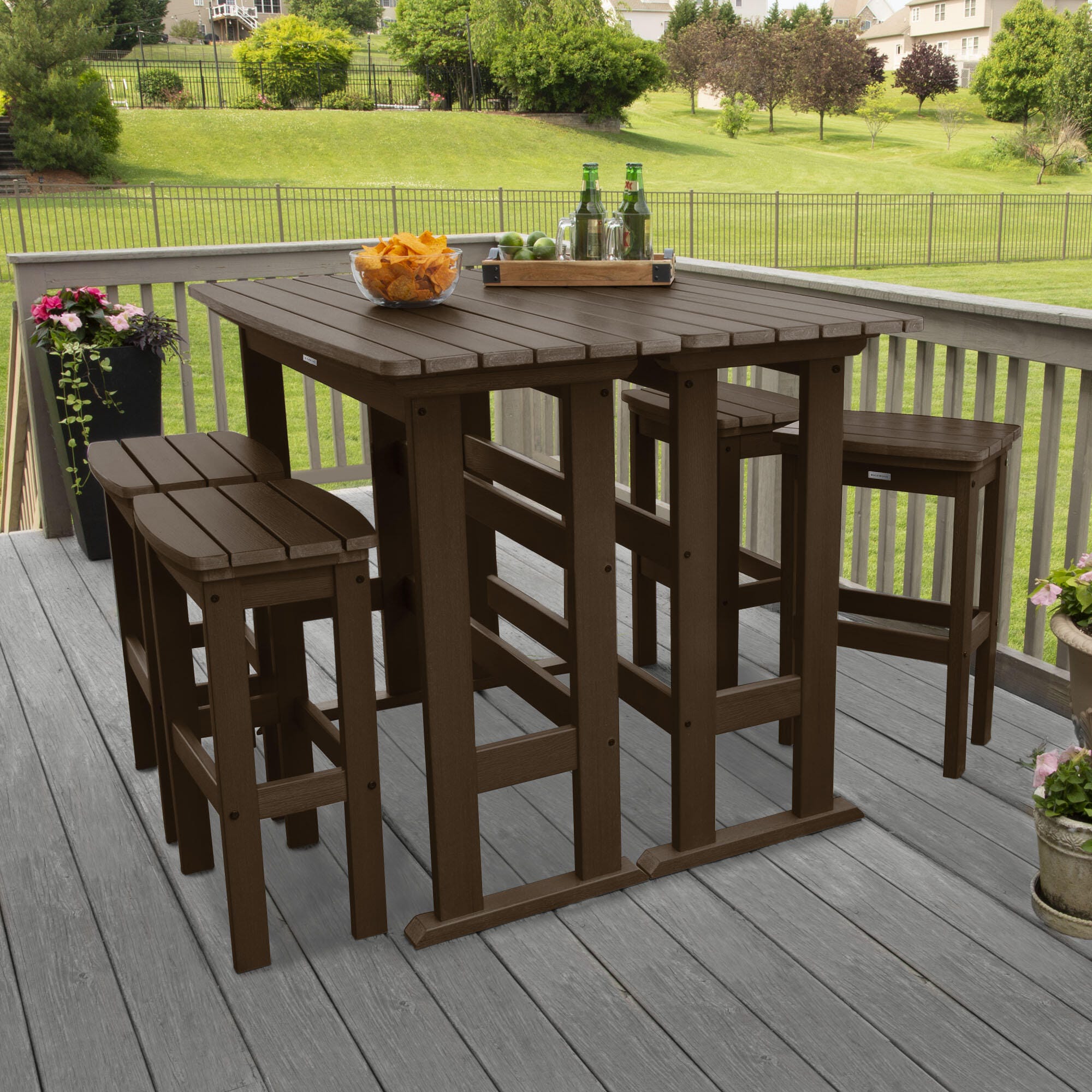 Highwood Lehigh Outdoor Bar Table and 4 Bar Stools, Weathered Acorn, large