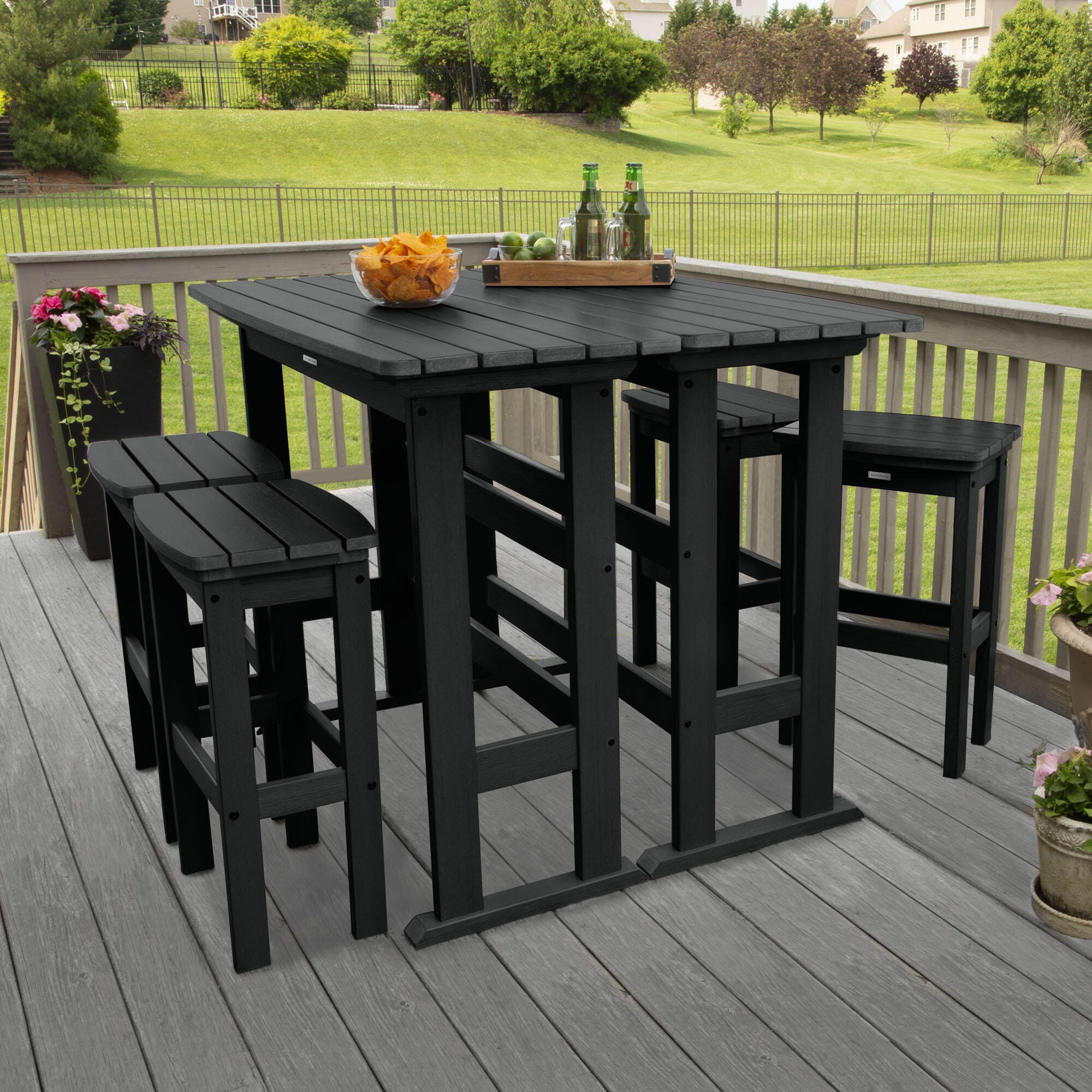Highwood Lehigh Outdoor Bar Table and 4 Bar Stools, Black, large