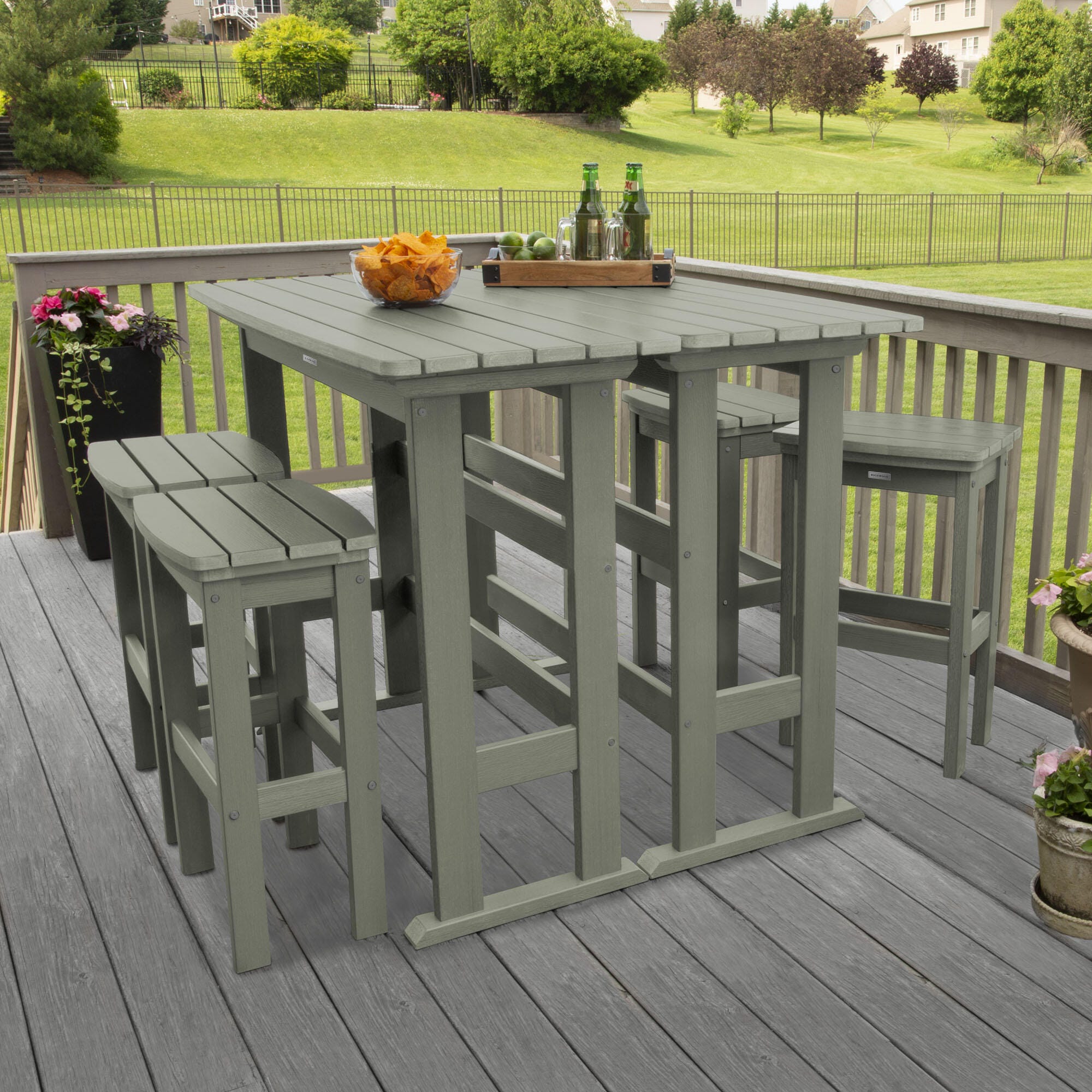 Highwood Lehigh Outdoor Bar Table and 4 Bar Stools, Eucalyptus, large