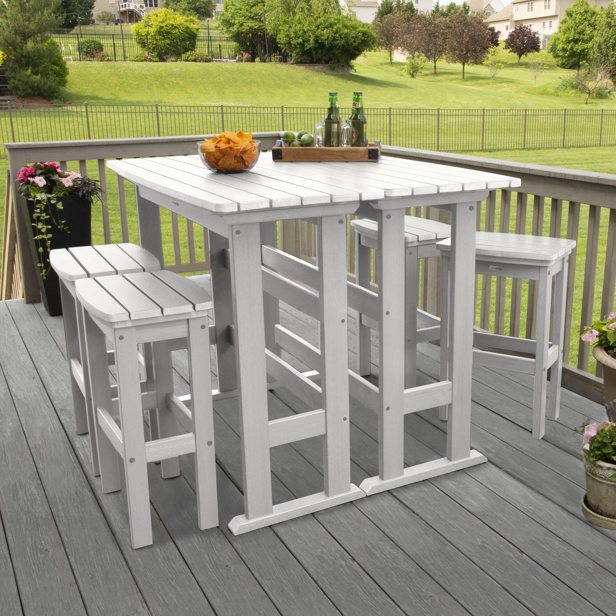 Highwood Lehigh Outdoor Bar Table and 4 Bar Stools, White, large