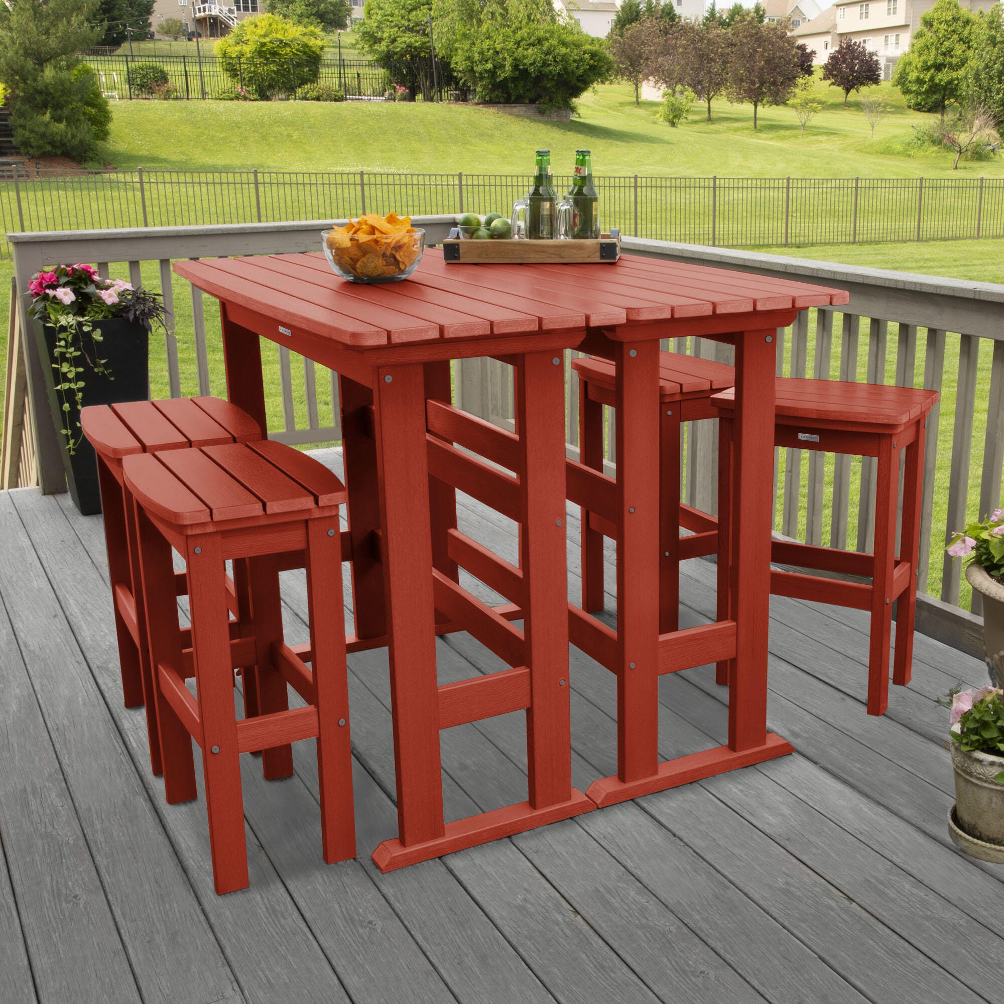 Highwood Lehigh Outdoor Bar Table and 4 Bar Stools, Rustic Red, large