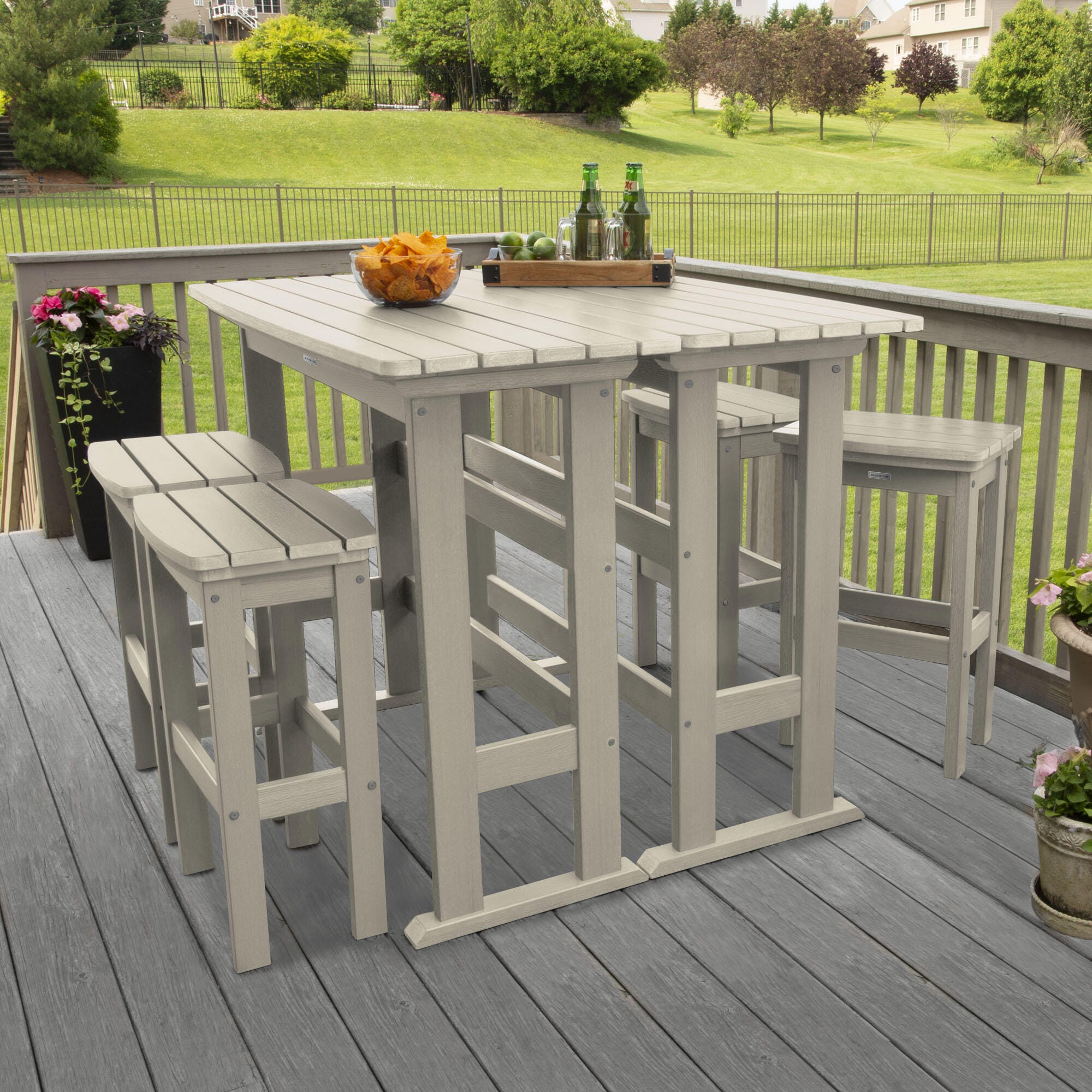 Highwood Lehigh Outdoor Bar Table and 4 Bar Stools, Whitewash, large