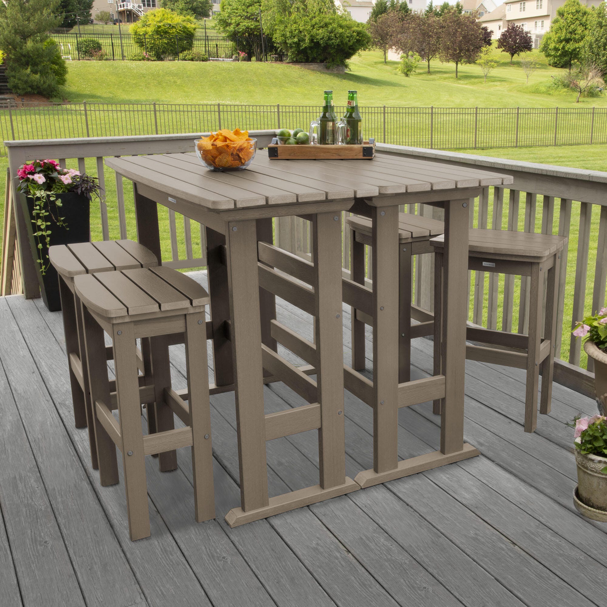 Highwood Lehigh Outdoor Bar Table and 4 Bar Stools, Woodland Brown, large