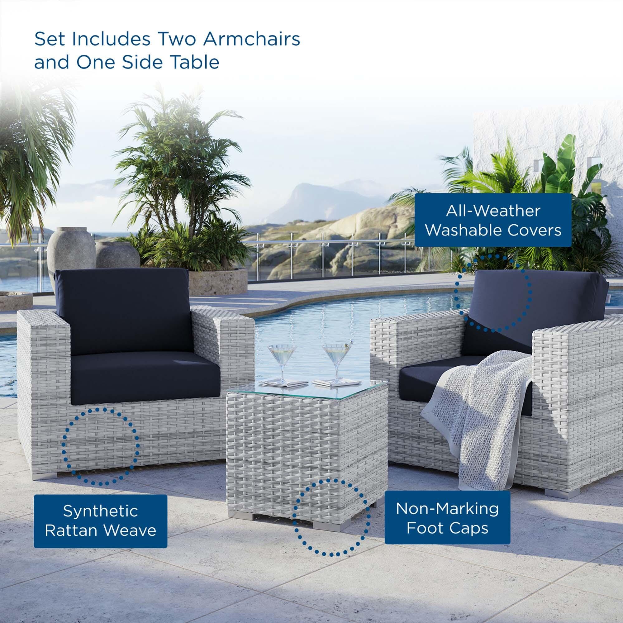 Modway Convene Outdoor Side Table and Armchair (Set of 2), Light Gray/Navy, large