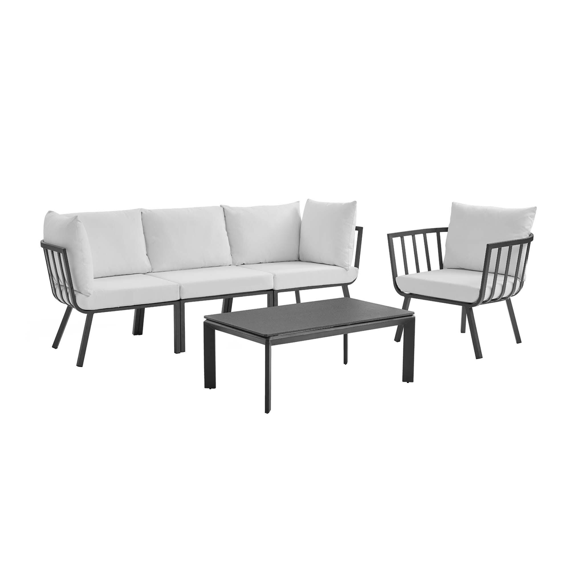 Modway Riverside Outdoor Sofa with Armchair and Coffee Table, White, large