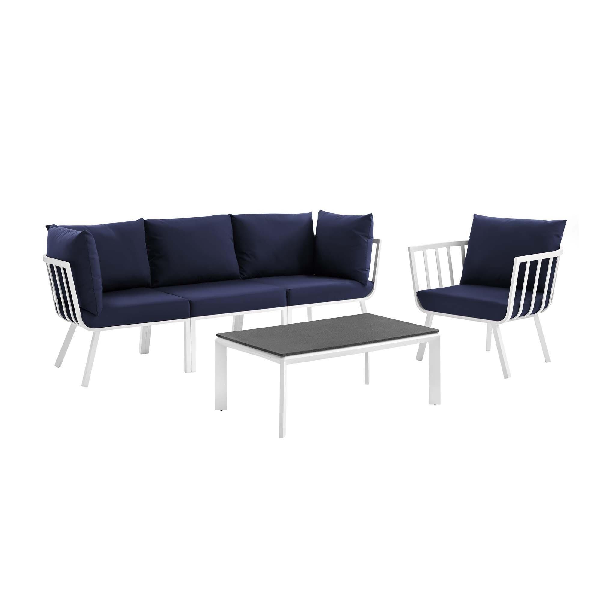 Modway Riverside Outdoor Sofa with Armchair and Coffee Table, Navy, large