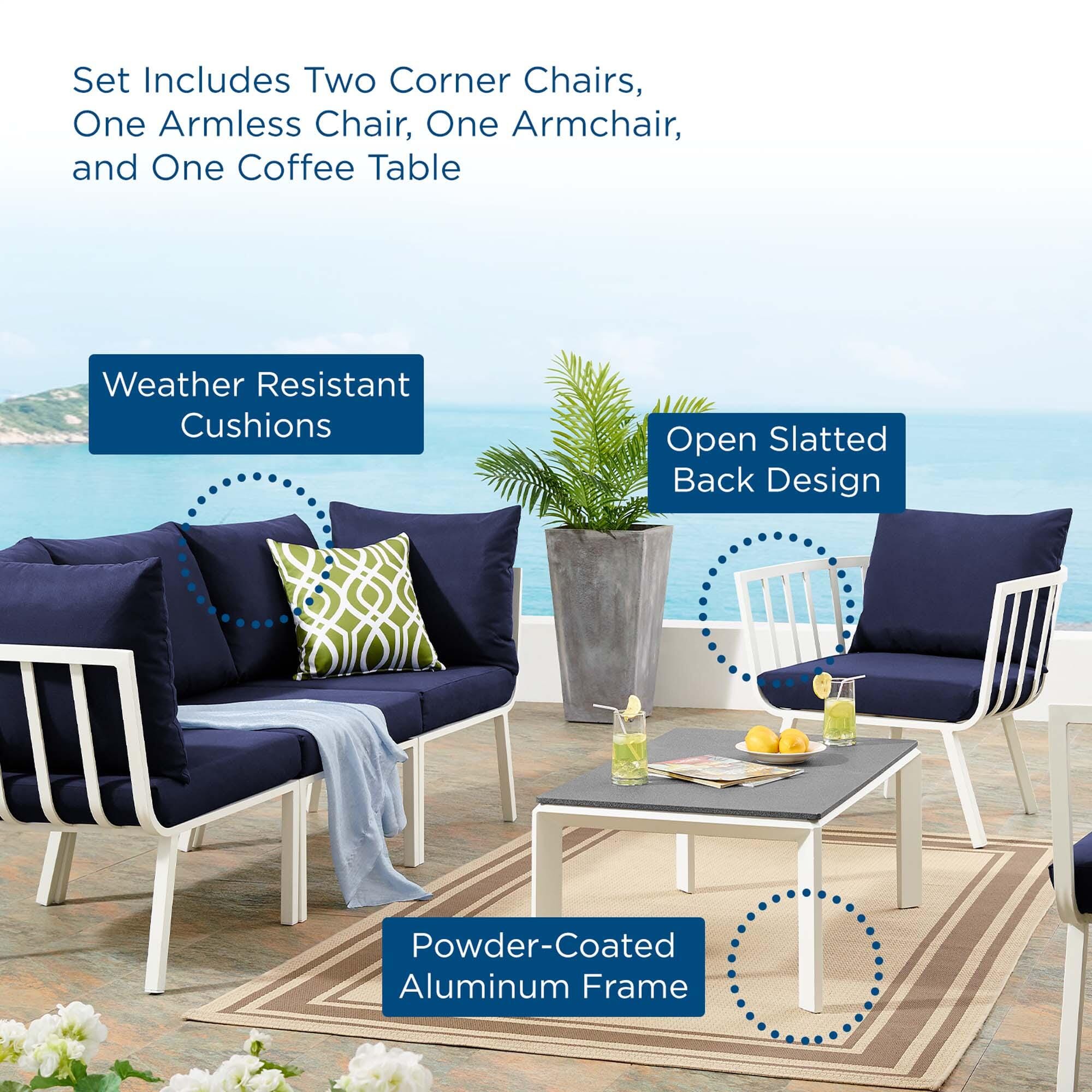 Modway Riverside Outdoor Sofa with Armchair and Coffee Table, Navy, large