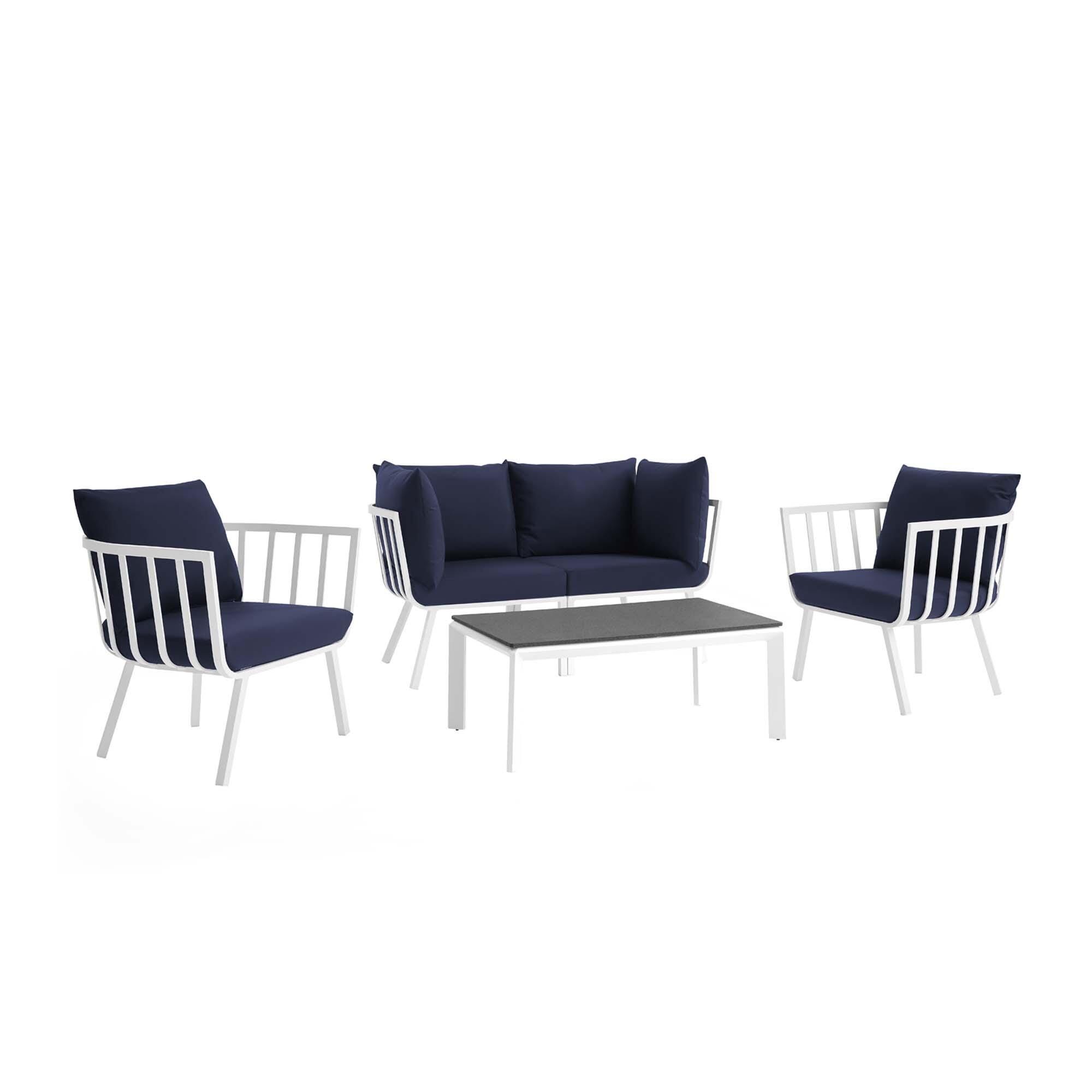 Modway Riverside Outdoor Loveseat with Coffee Table and 2 Armchairs, Navy, large