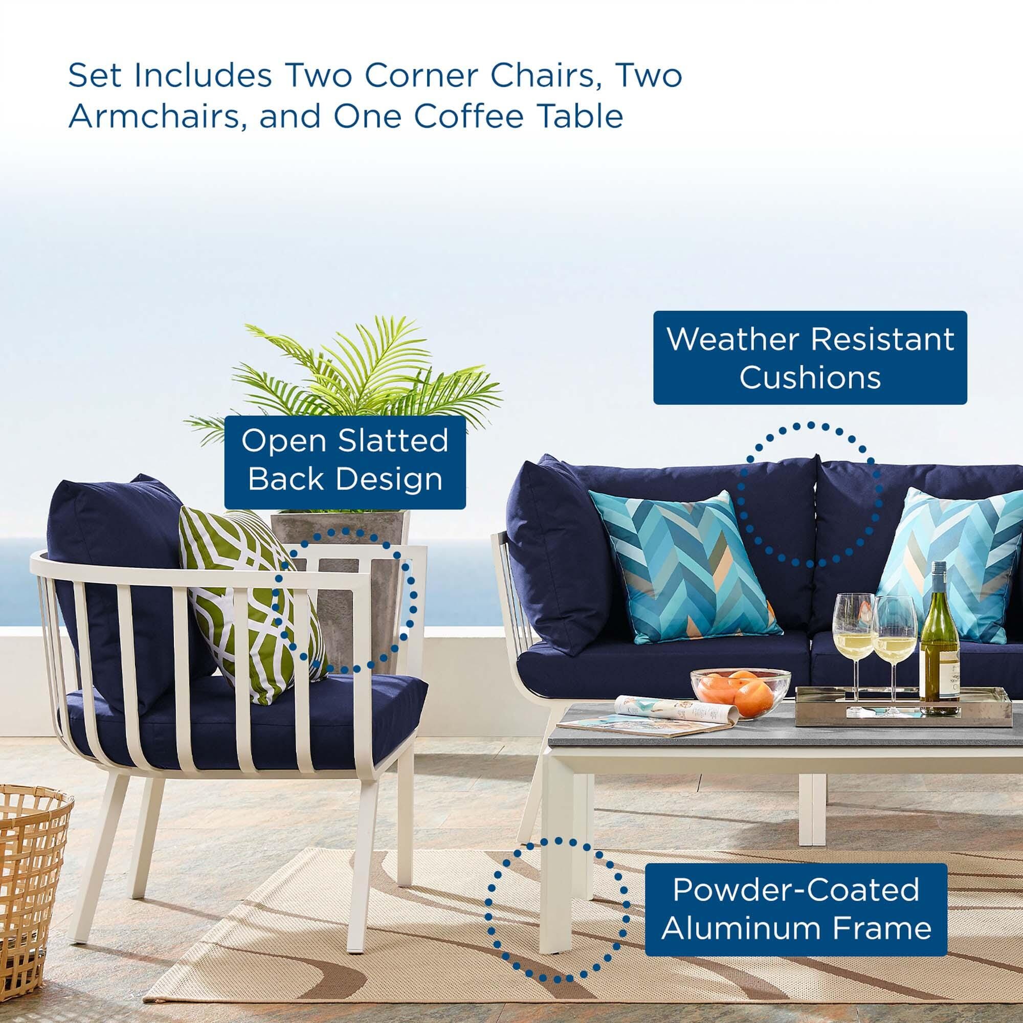 Modway Riverside Outdoor Loveseat with Coffee Table and 2 Armchairs, Navy, large