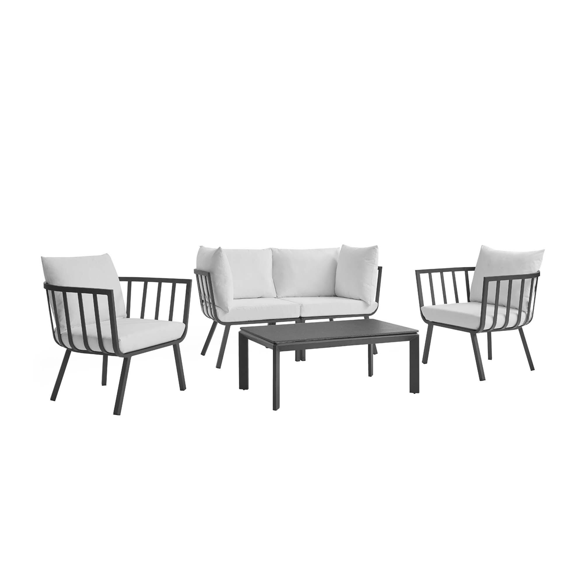 Modway Riverside Outdoor Loveseat with Coffee Table and 2 Armchairs, White, large