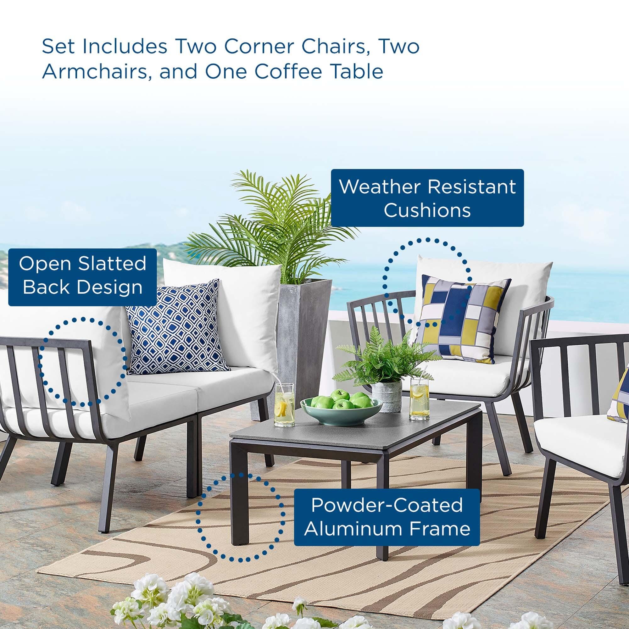 Modway Riverside Outdoor Loveseat with Coffee Table and 2 Armchairs, White, large